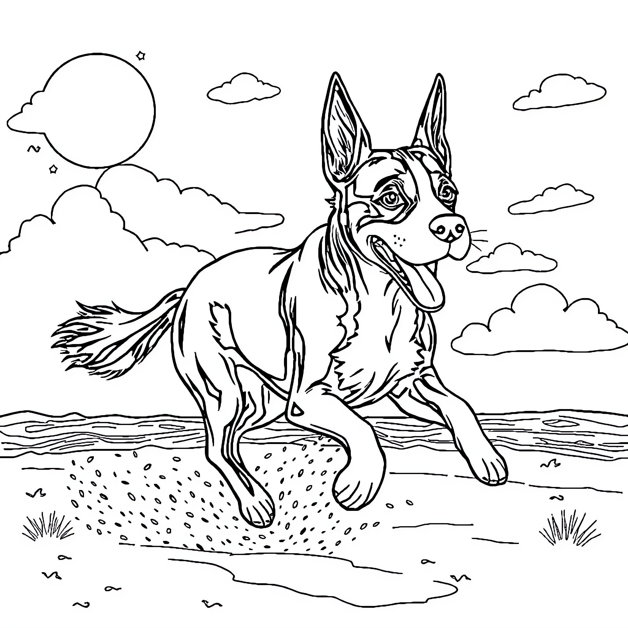 Dog playing happily in the countryside Coloring Page (free black-and-white line drawing printable PDF for all, from beginners to advanced learners, including children, teens, adults, and seniors)