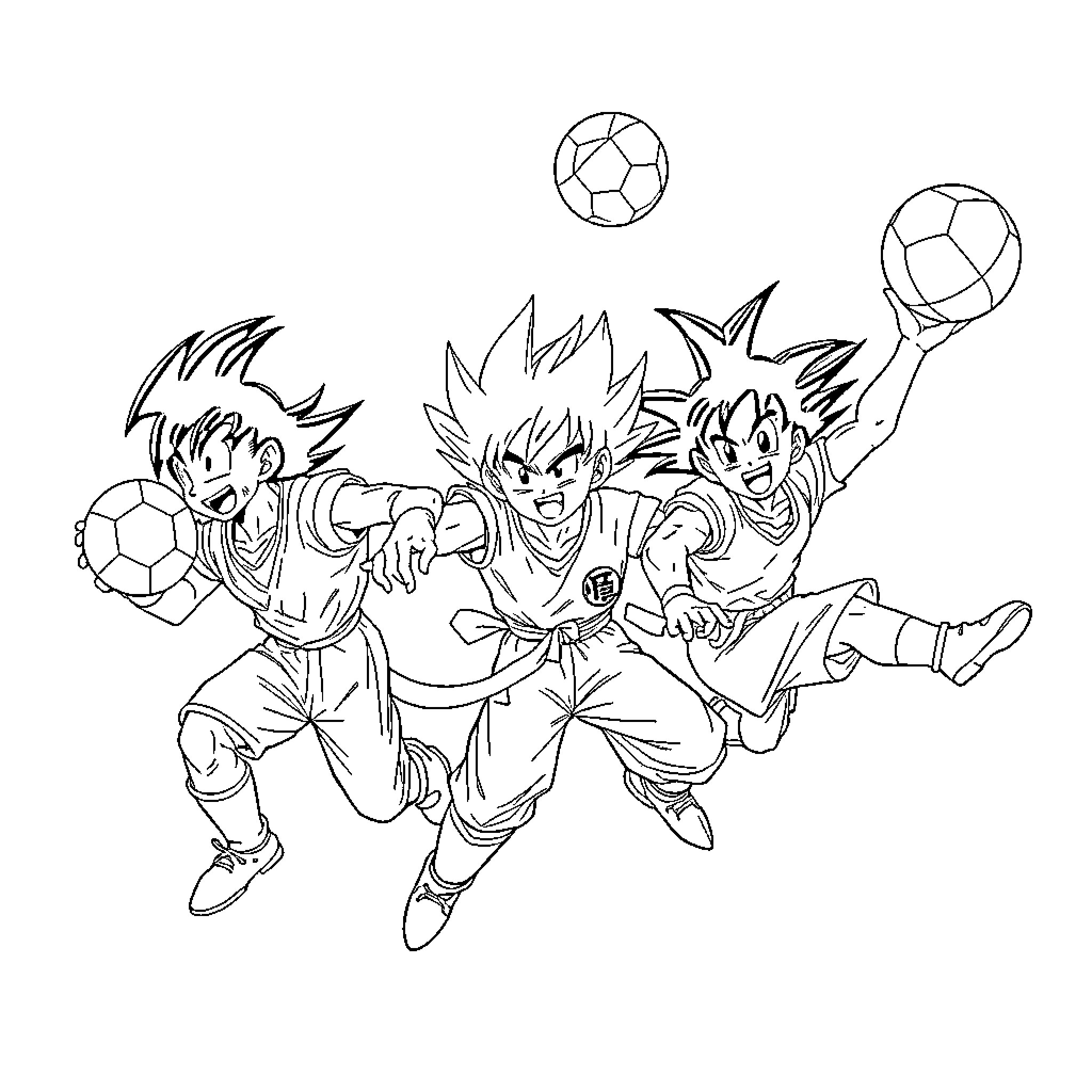 Dragon warriors playing with soccer balls Coloring Page (free black-and-white line drawing printable PDF for all, from beginners to advanced learners, including children, teens, adults, and seniors)