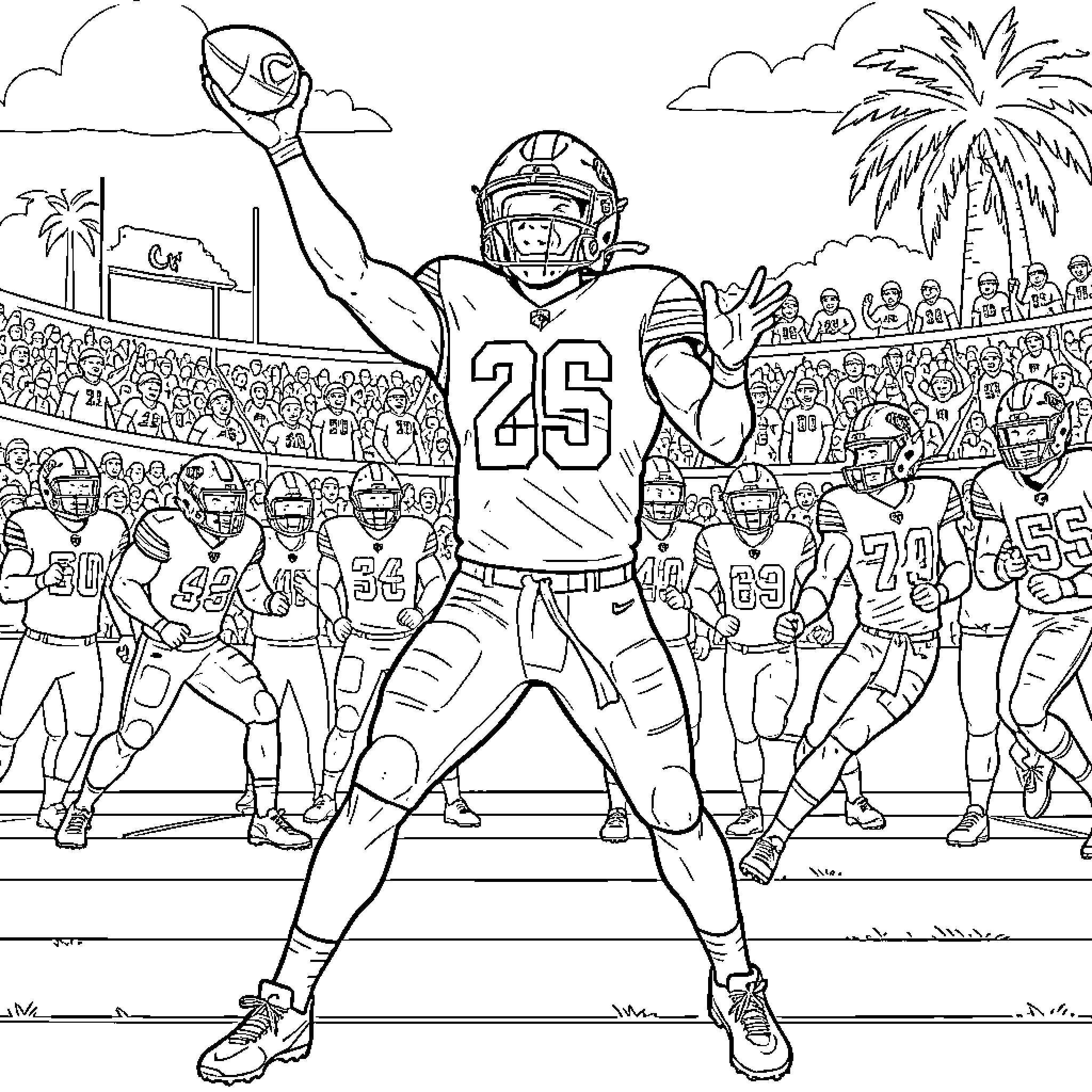 Malachi Tony celebrating a touchdown on the football field Coloring Page (free black-and-white line drawing printable PDF for all, from beginners to advanced learners, including children, teens, adults, and seniors)