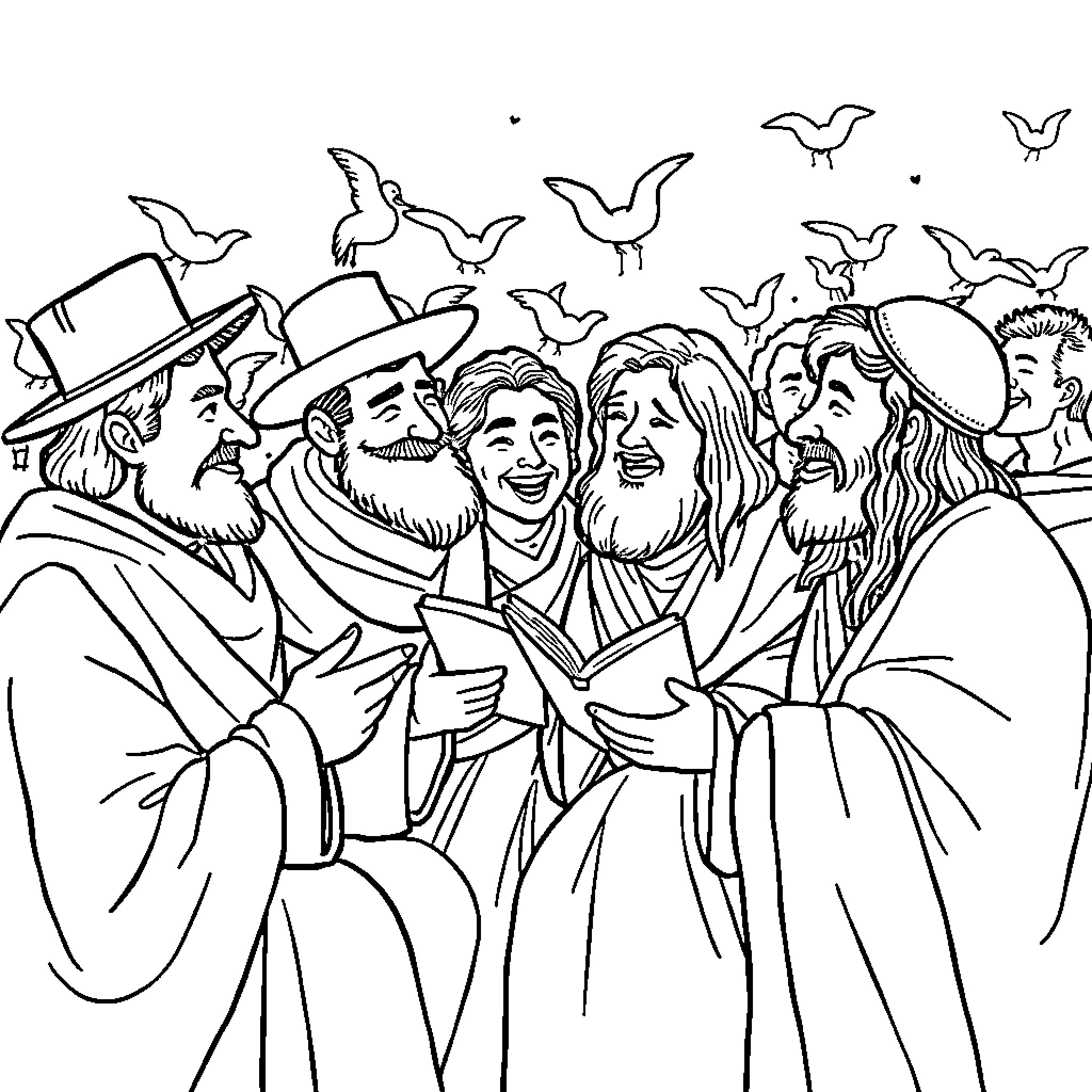 Jewish people celebrating together joyfully Coloring Page (free black-and-white line drawing printable PDF for all, from beginners to advanced learners, including children, teens, adults, and seniors)