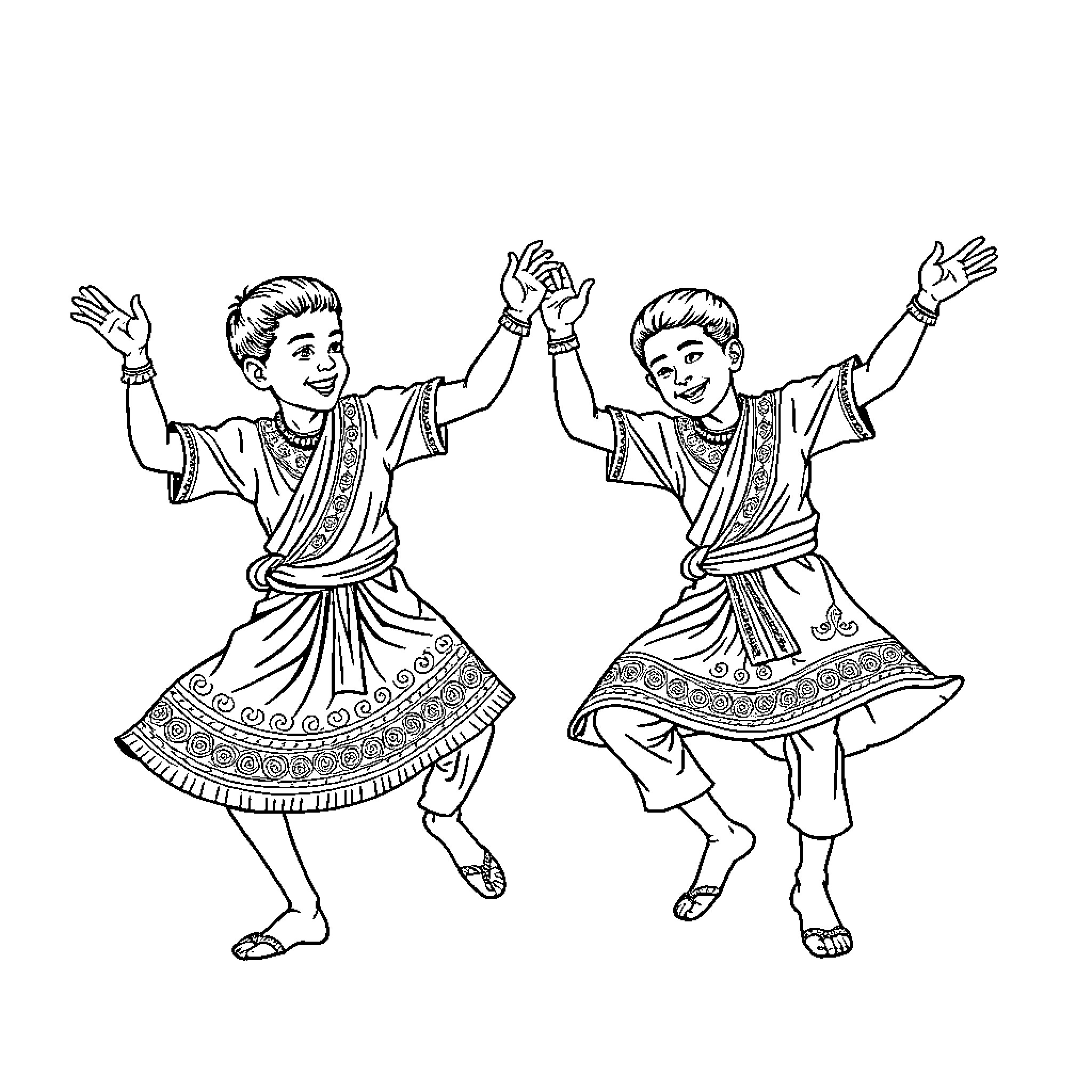 Boys enjoying traditional dance performance Coloring Page (free black-and-white line drawing printable PDF for all, from beginners to advanced learners, including children, teens, adults, and seniors)