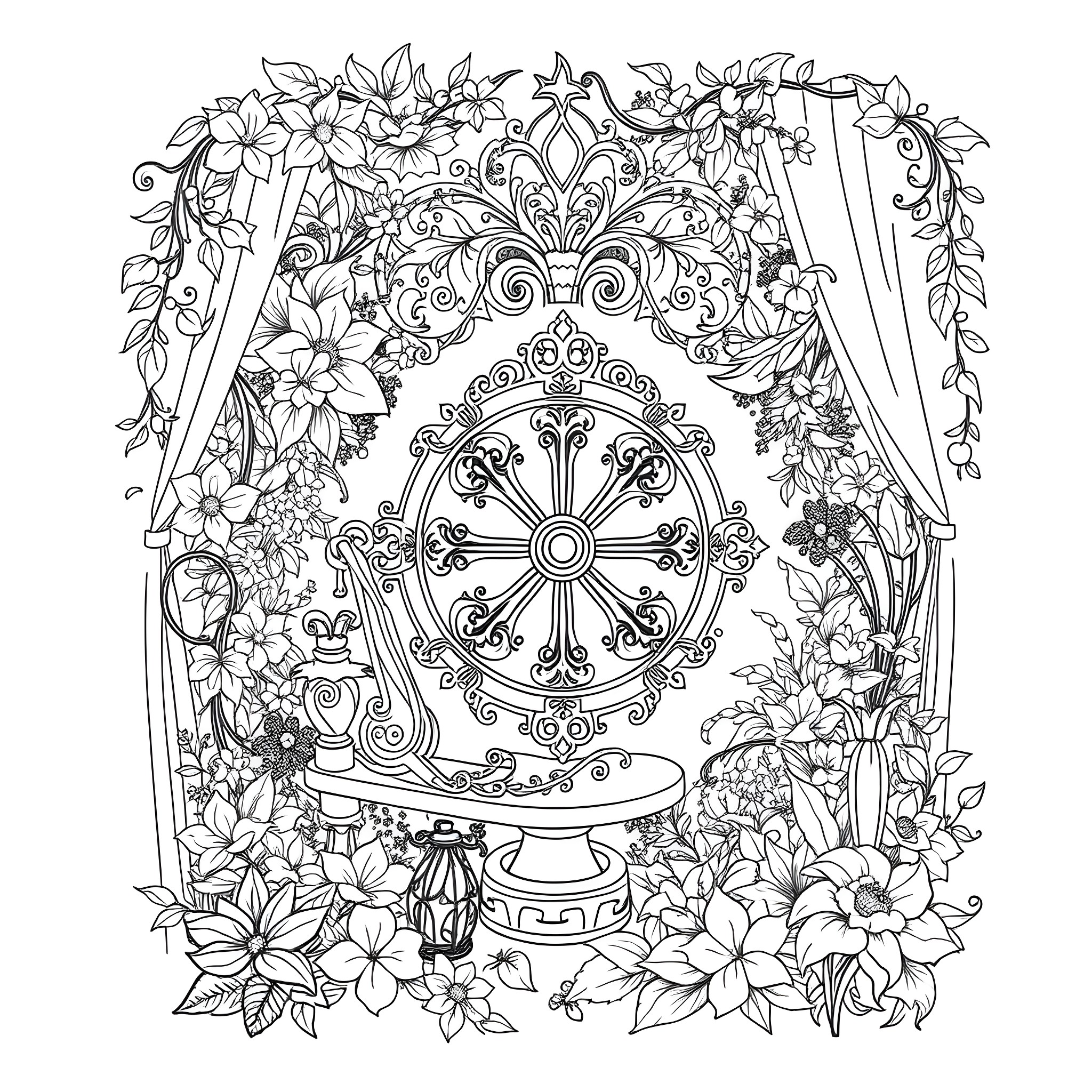 Sleeping Beauty's Enchanted Garden Coloring Page (free black-and-white line drawing printable PDF for all, from beginners to advanced learners, including children, teens, adults, and seniors)