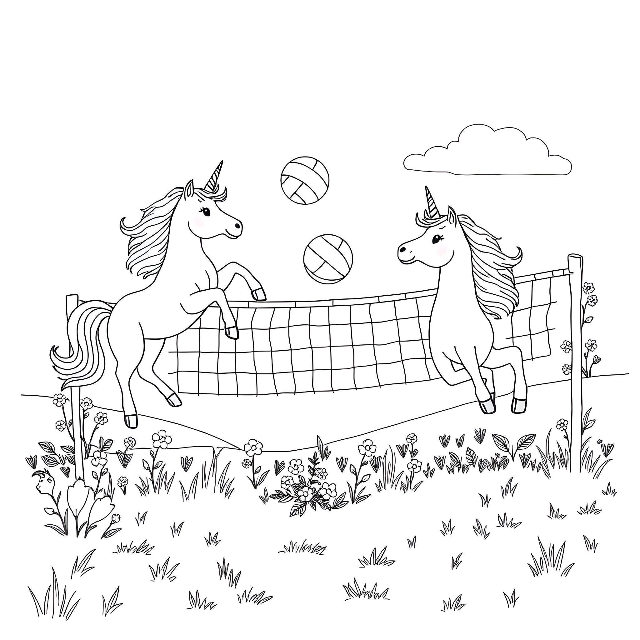 Unicorn Volleyball Game in a Enchanting Meadow Coloring Page (free black-and-white line drawing printable PDF for all, from beginners to advanced learners, including children, teens, adults, and seniors)