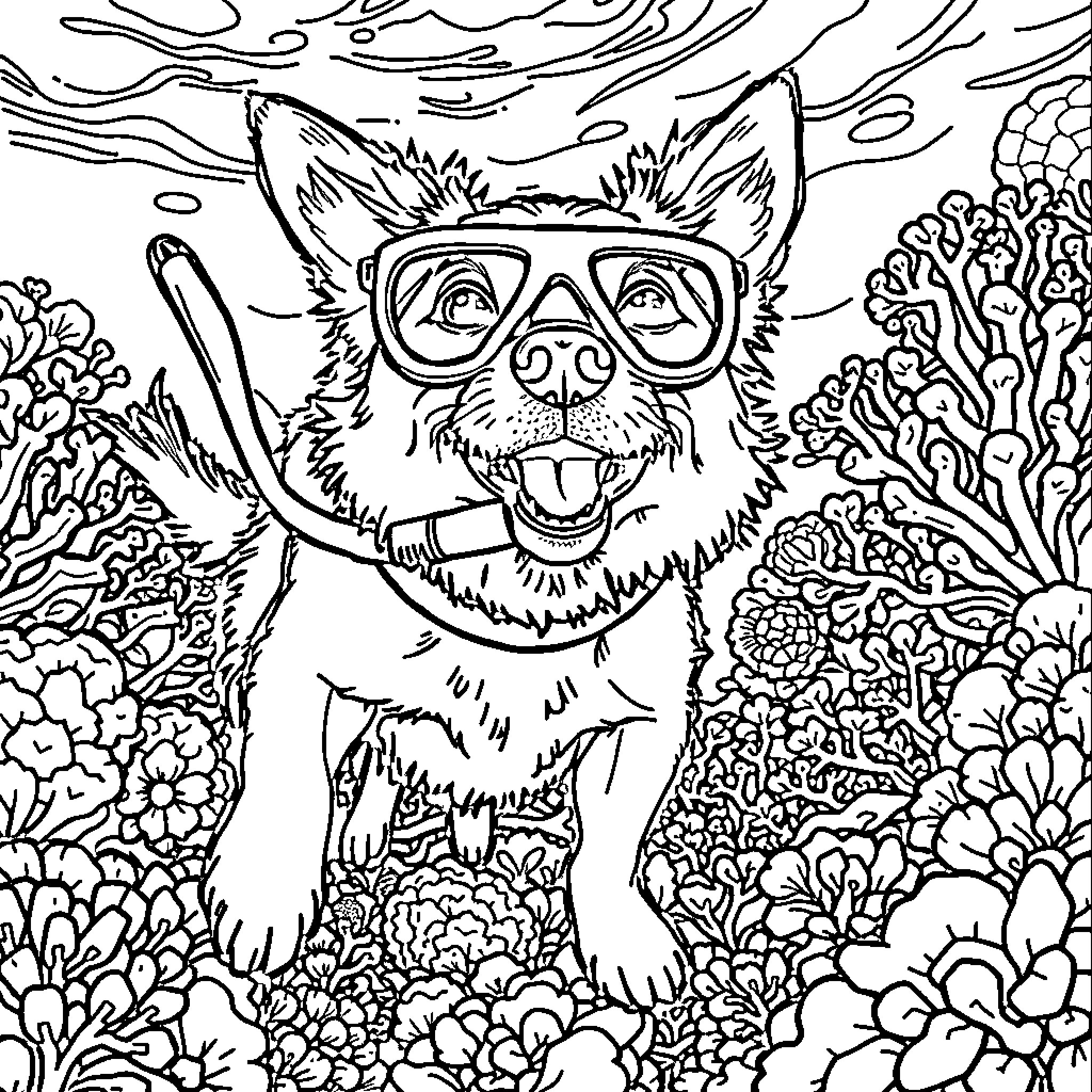 Dog enjoying the outdoors in a whimsical scene Coloring Page (free black-and-white line drawing printable PDF for all, from beginners to advanced learners, including children, teens, adults, and seniors)