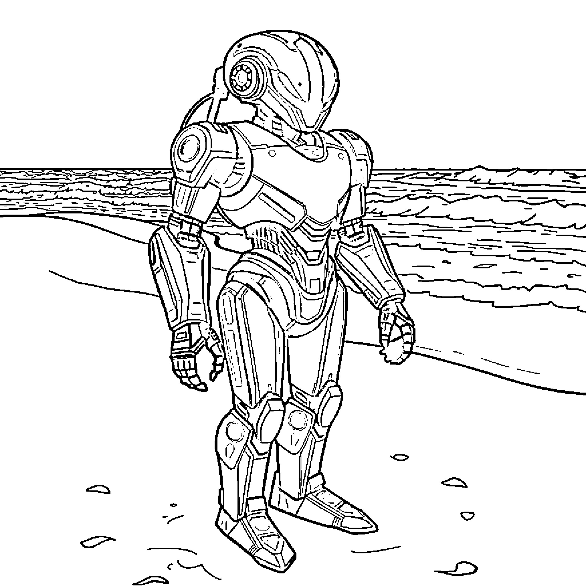 Robot explorer navigating an alien landscape Coloring Page (free black-and-white line drawing printable PDF for all, from beginners to advanced learners, including children, teens, adults, and seniors)