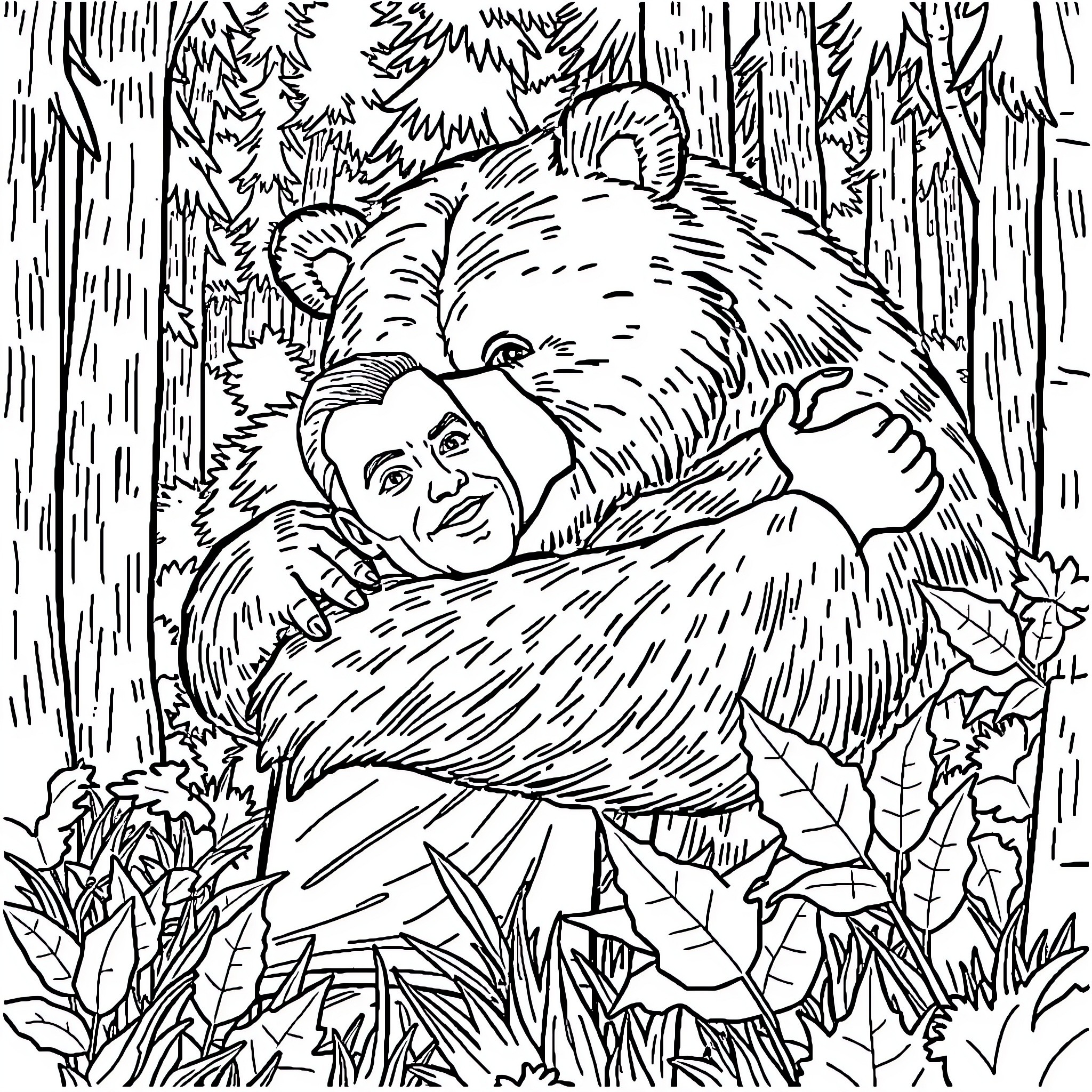 Bear embracing human in forest Coloring Page (free black-and-white line drawing printable PDF for all, from beginners to advanced learners, including children, teens, adults, and seniors)