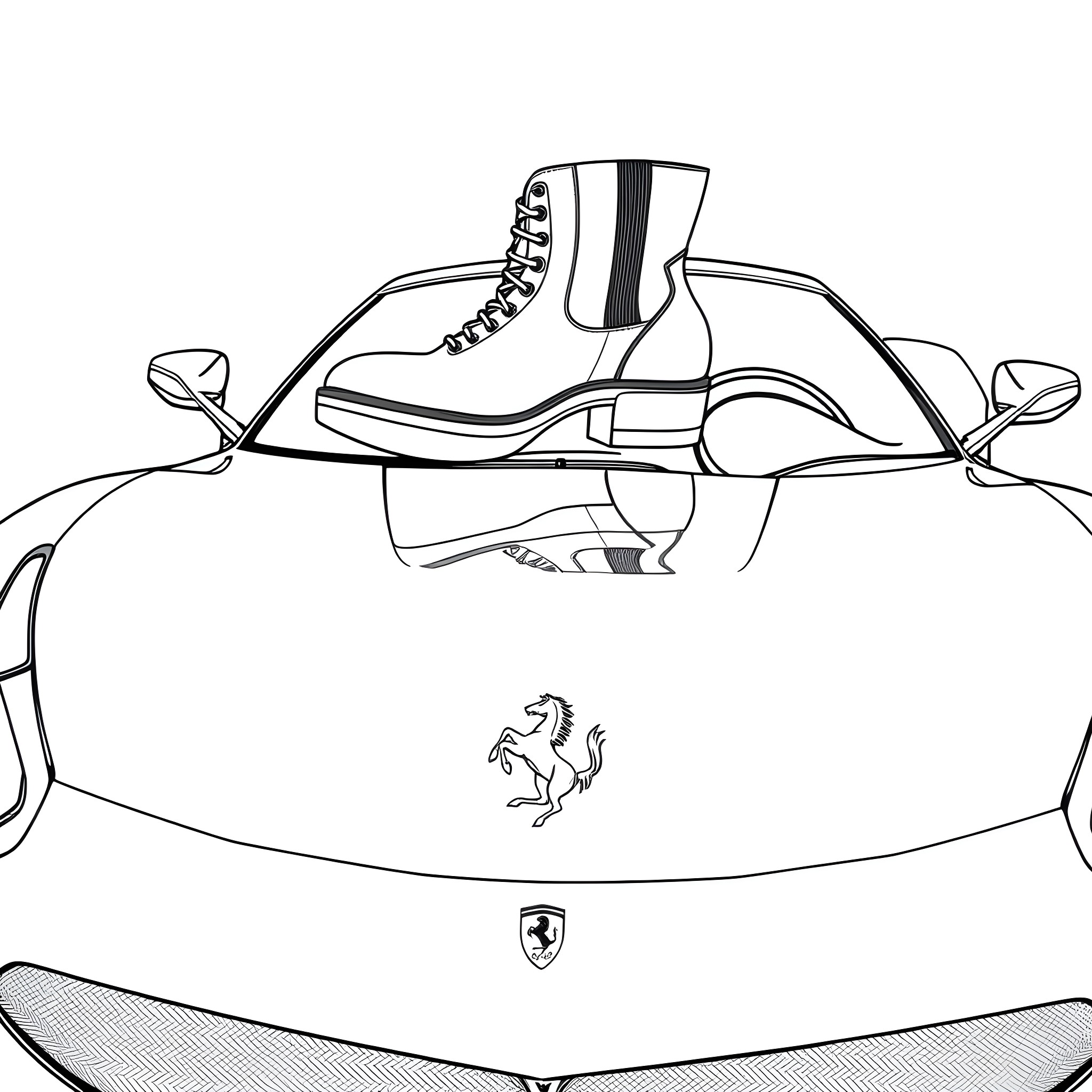 Boot Car: Racing Shoes on Luxury Sports Car Coloring Page (free black-and-white line drawing printable PDF for all, from beginners to advanced learners, including children, teens, adults, and seniors)