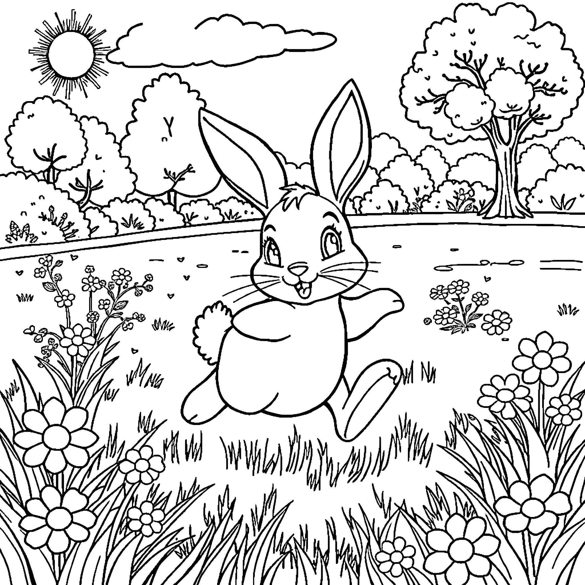 Bunny joyfully hopping in a vibrant meadow Coloring Page (free black-and-white line drawing printable PDF for all, from beginners to advanced learners, including children, teens, adults, and seniors)