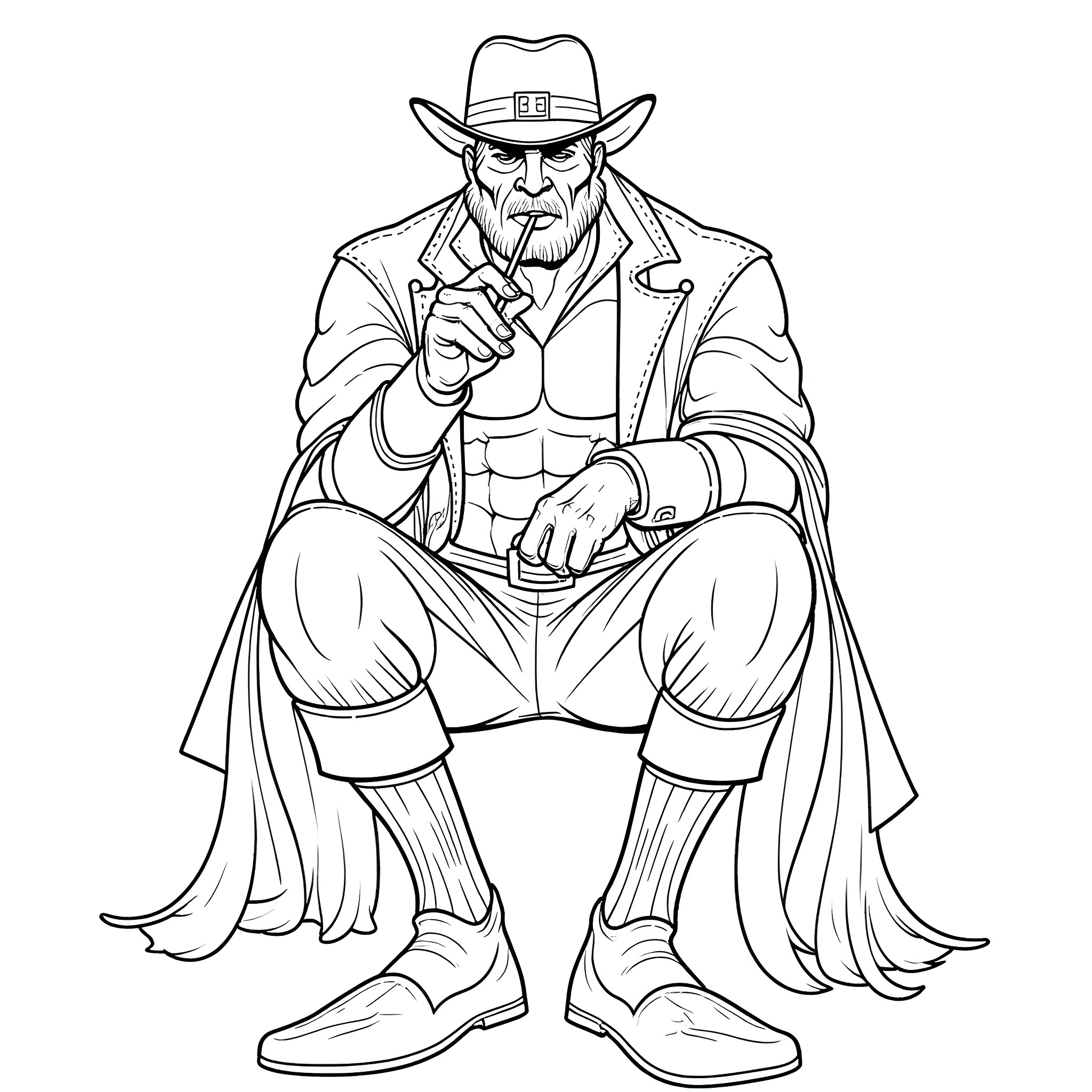 Lobo, the Rugged and Determined Cowboy Coloring Page (free black-and-white line drawing printable PDF for all, from beginners to advanced learners, including children, teens, adults, and seniors)