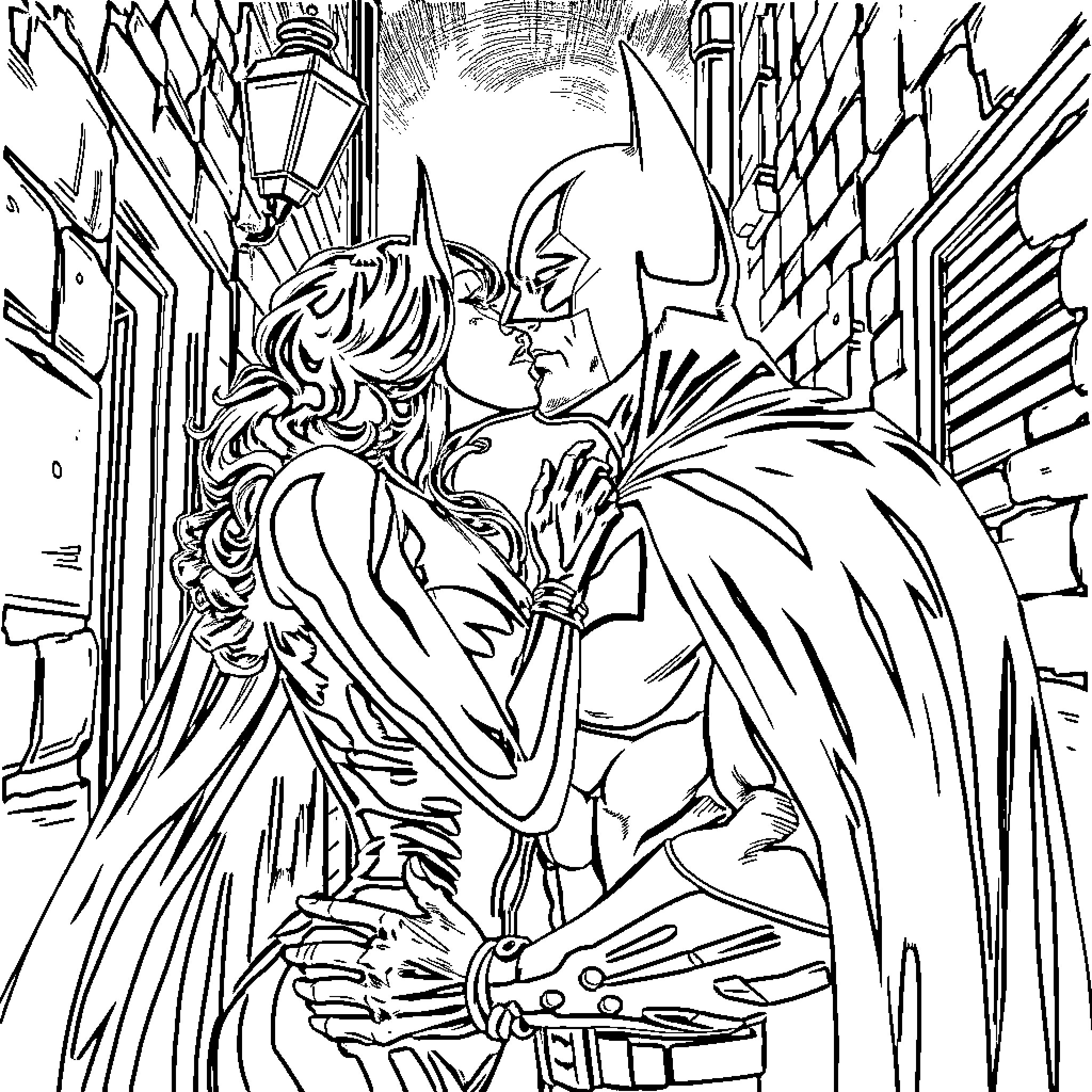 Catwoman in Romantic Embrace with Caped Crusader Coloring Page (free black-and-white line drawing printable PDF for all, from beginners to advanced learners, including children, teens, adults, and seniors)