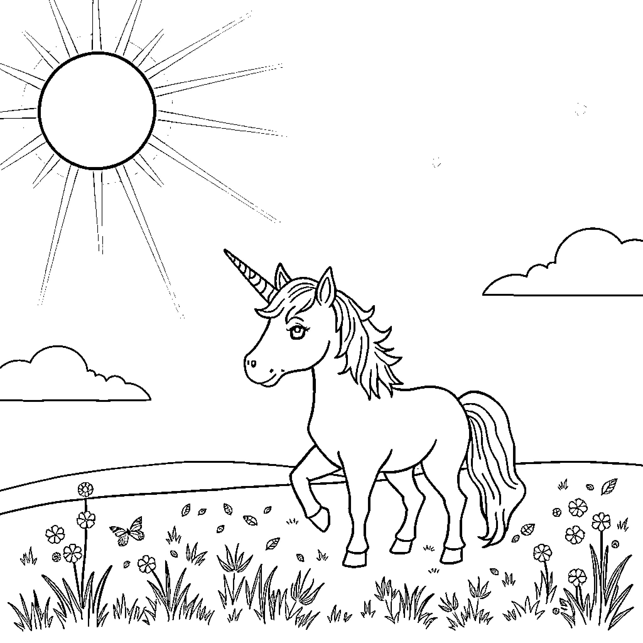 Unicorn Frolicking in Vibrant Meadow Coloring Page (free black-and-white line drawing printable PDF for all, from beginners to advanced learners, including children, teens, adults, and seniors)