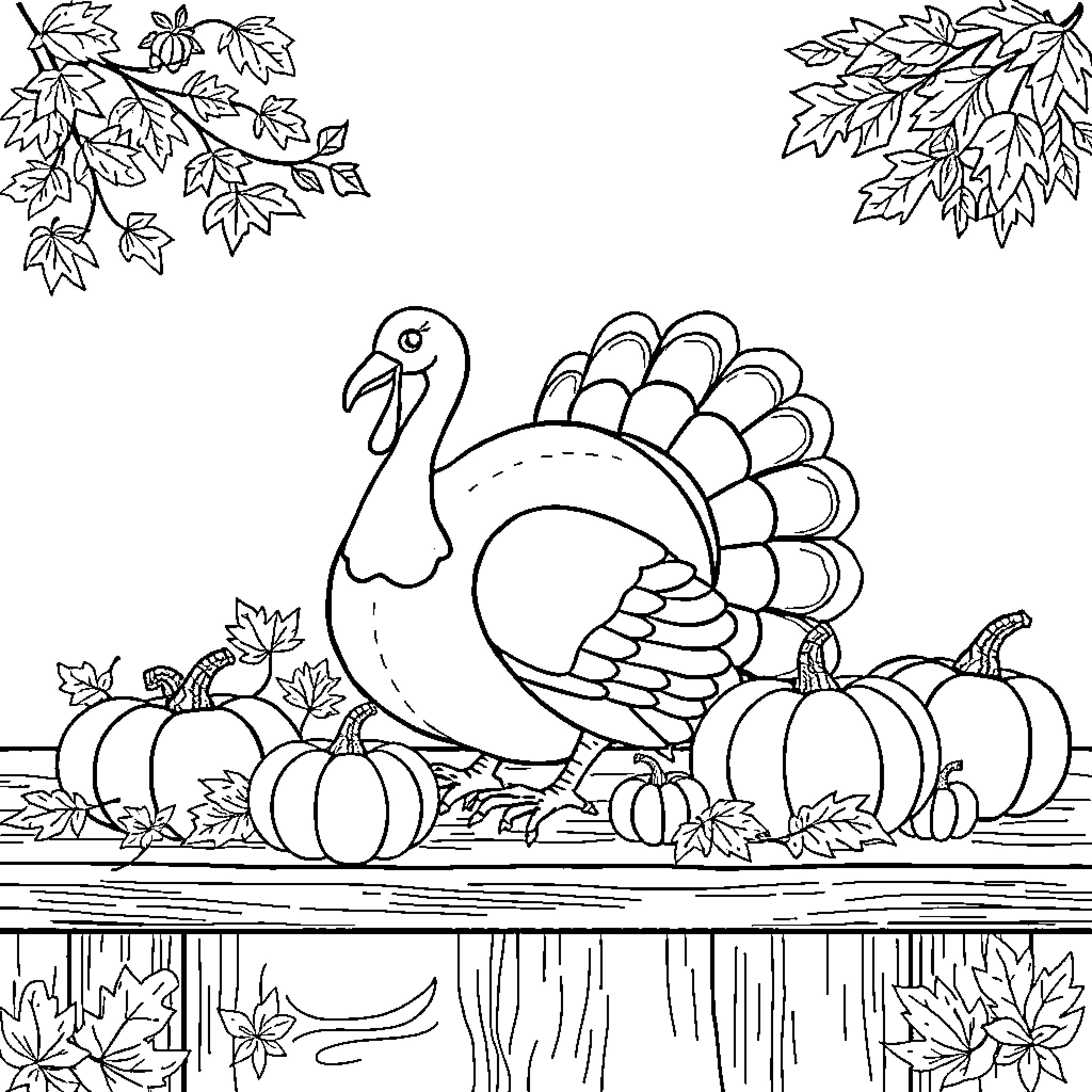Turkey surrounded by autumn foliage and pumpkins Coloring Page (free black-and-white line drawing printable PDF for all, from beginners to advanced learners, including children, teens, adults, and seniors)
