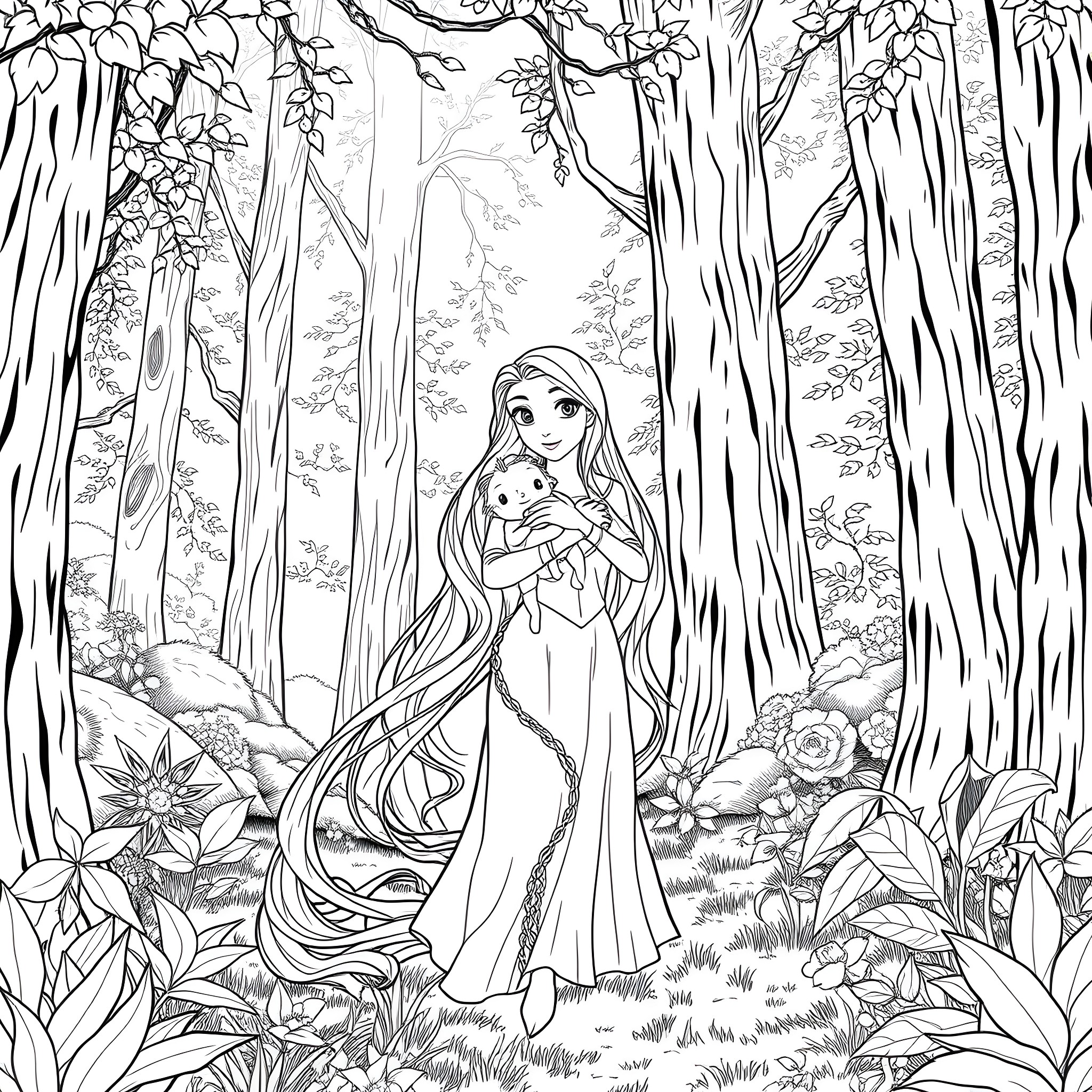 Sitch of a fairytale forest scene Coloring Page (free black-and-white line drawing printable PDF for all, from beginners to advanced learners, including children, teens, adults, and seniors)