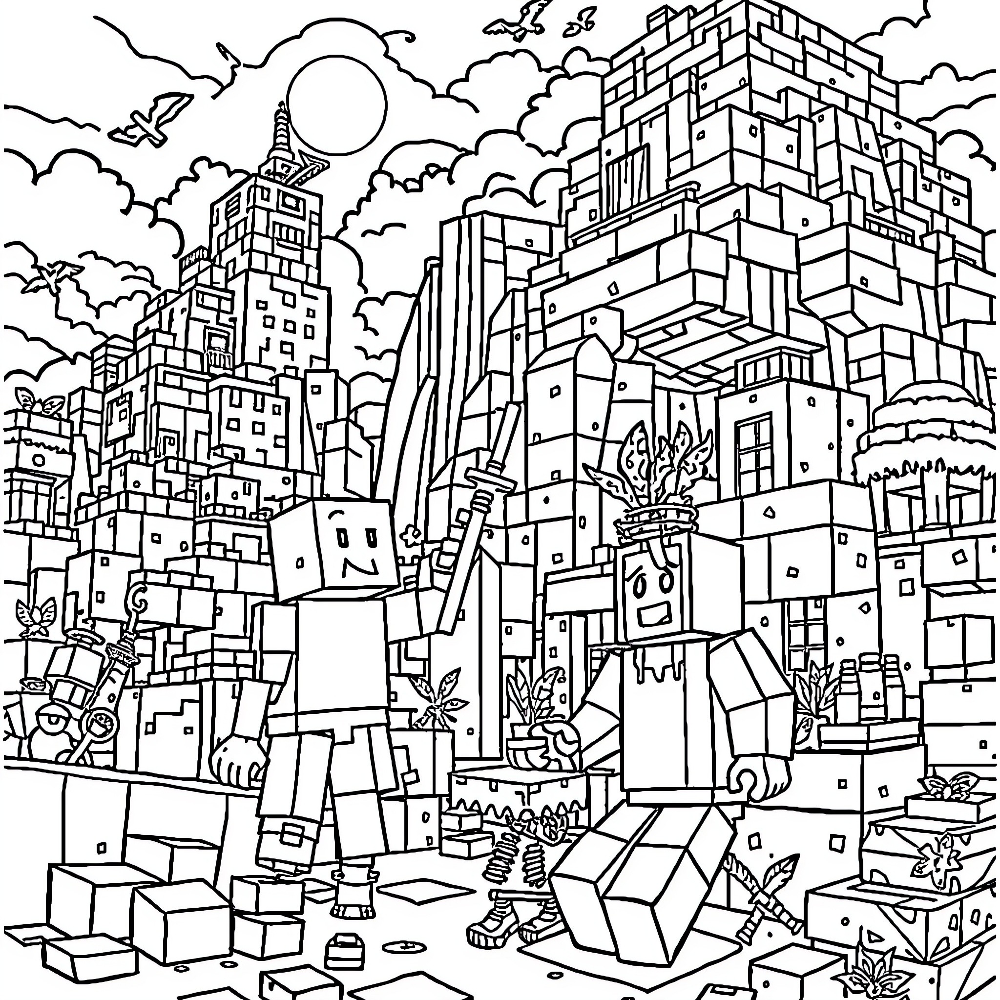 Minecraft Roblox Characters in Fantastical City Landscape Coloring Page (free black-and-white line drawing printable PDF for all, from beginners to advanced learners, including children, teens, adults, and seniors)