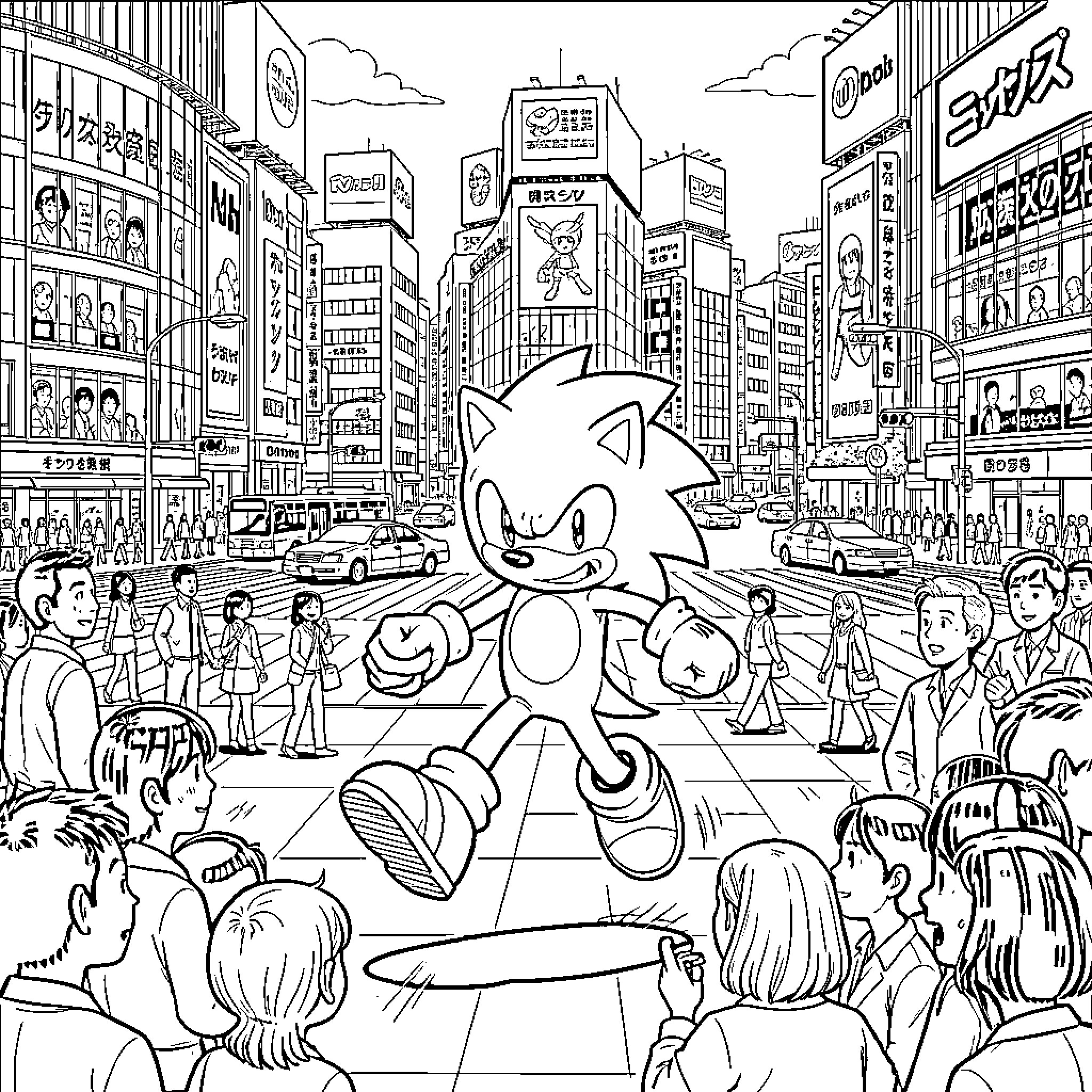 Sonic running through a crowded city street Coloring Page (free black-and-white line drawing printable PDF for all, from beginners to advanced learners, including children, teens, adults, and seniors)