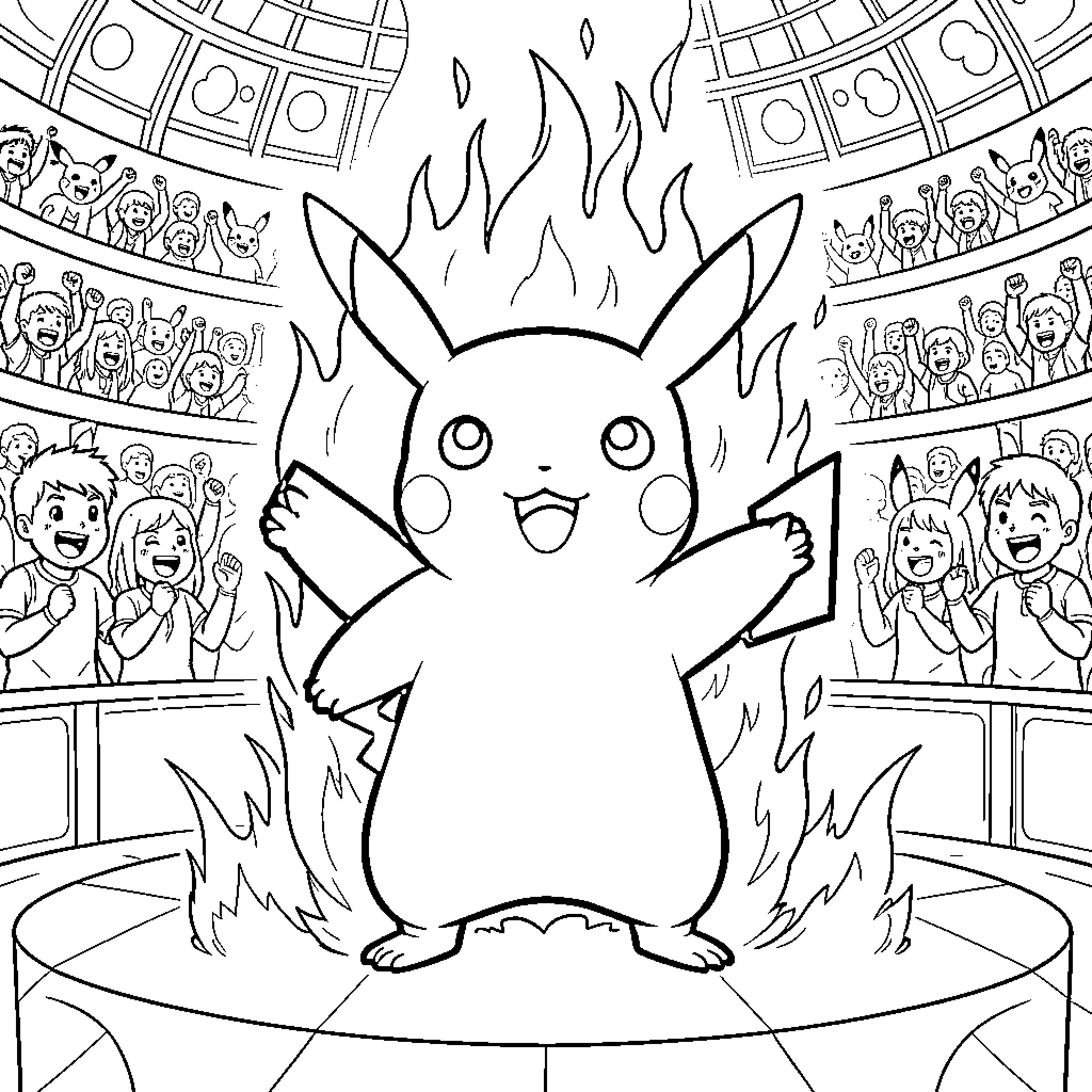 Pikachu performing an energetic dance amidst dancing flames Coloring Page (free black-and-white line drawing printable PDF for all, from beginners to advanced learners, including children, teens, adults, and seniors)