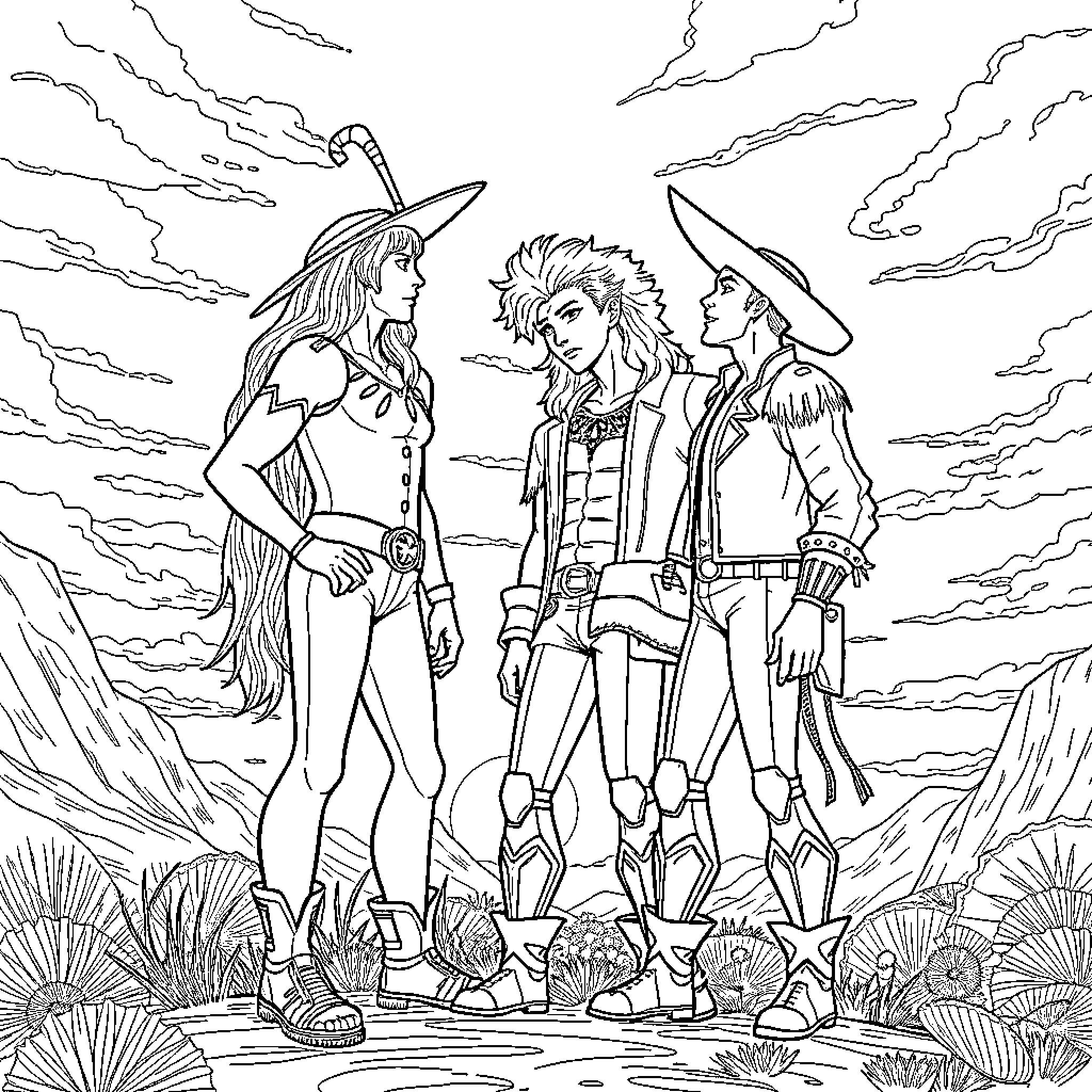 Jojo's Bizarre Adventure: Three Friends in the Wilderness Coloring Page (free black-and-white line drawing printable PDF for all, from beginners to advanced learners, including children, teens, adults, and seniors)