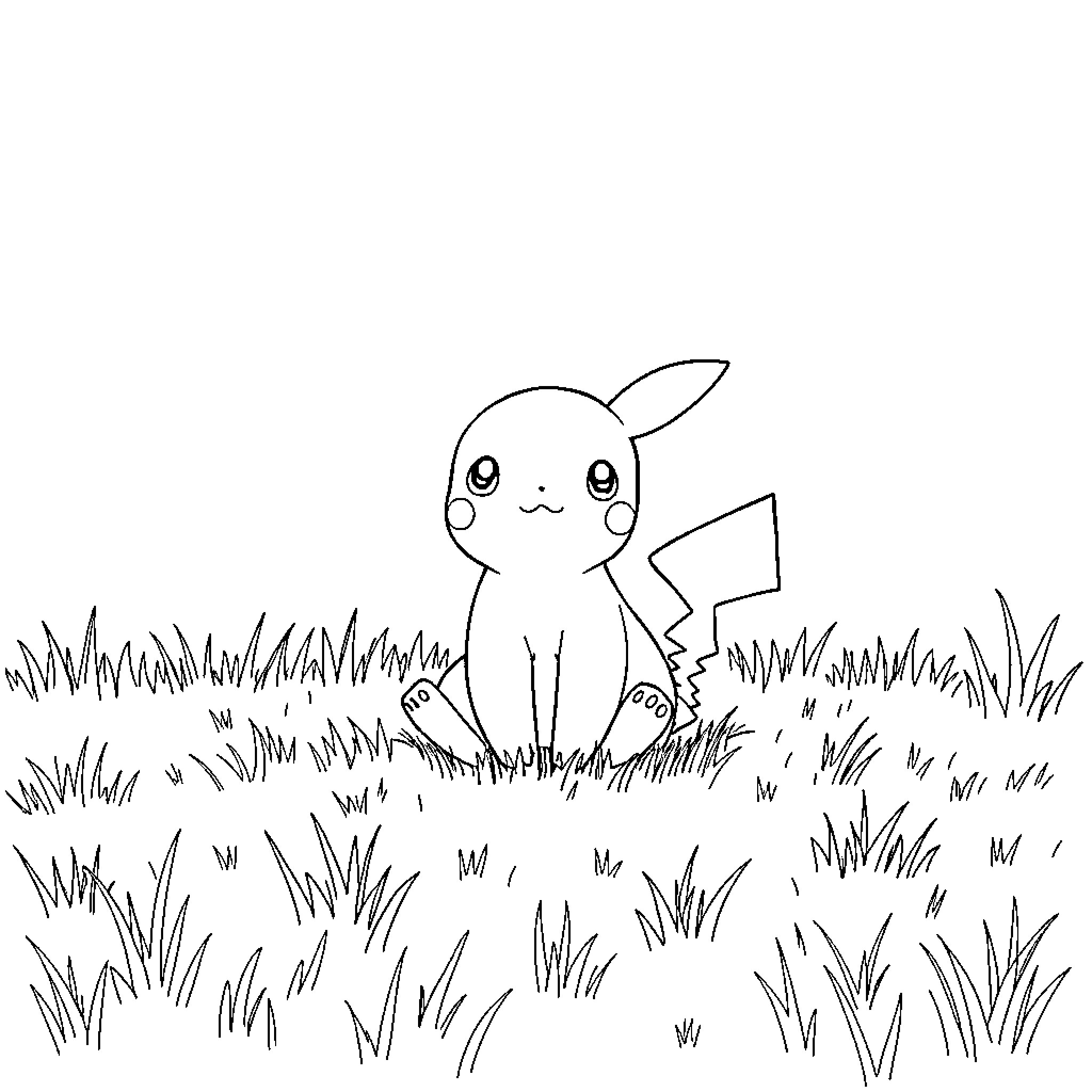 Pokémon character in grassy meadow scene Coloring Page (free black-and-white line drawing printable PDF for all, from beginners to advanced learners, including children, teens, adults, and seniors)