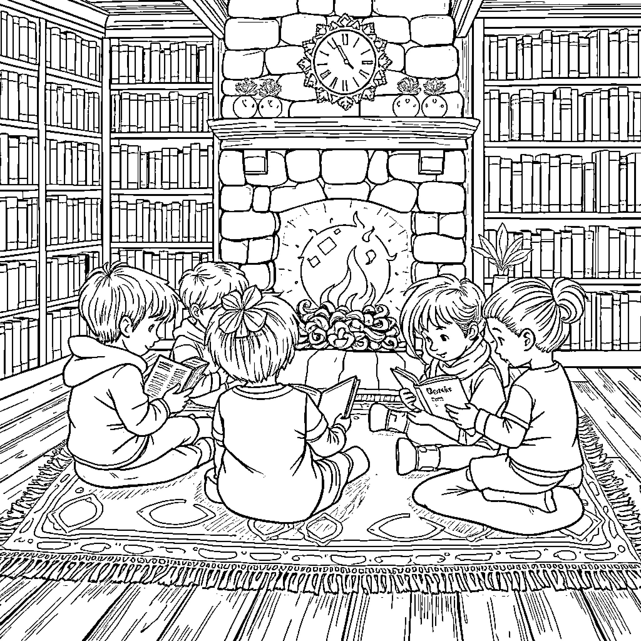 Children reading and exploring books by the fireplace Coloring Page (free black-and-white line drawing printable PDF for all, from beginners to advanced learners, including children, teens, adults, and seniors)