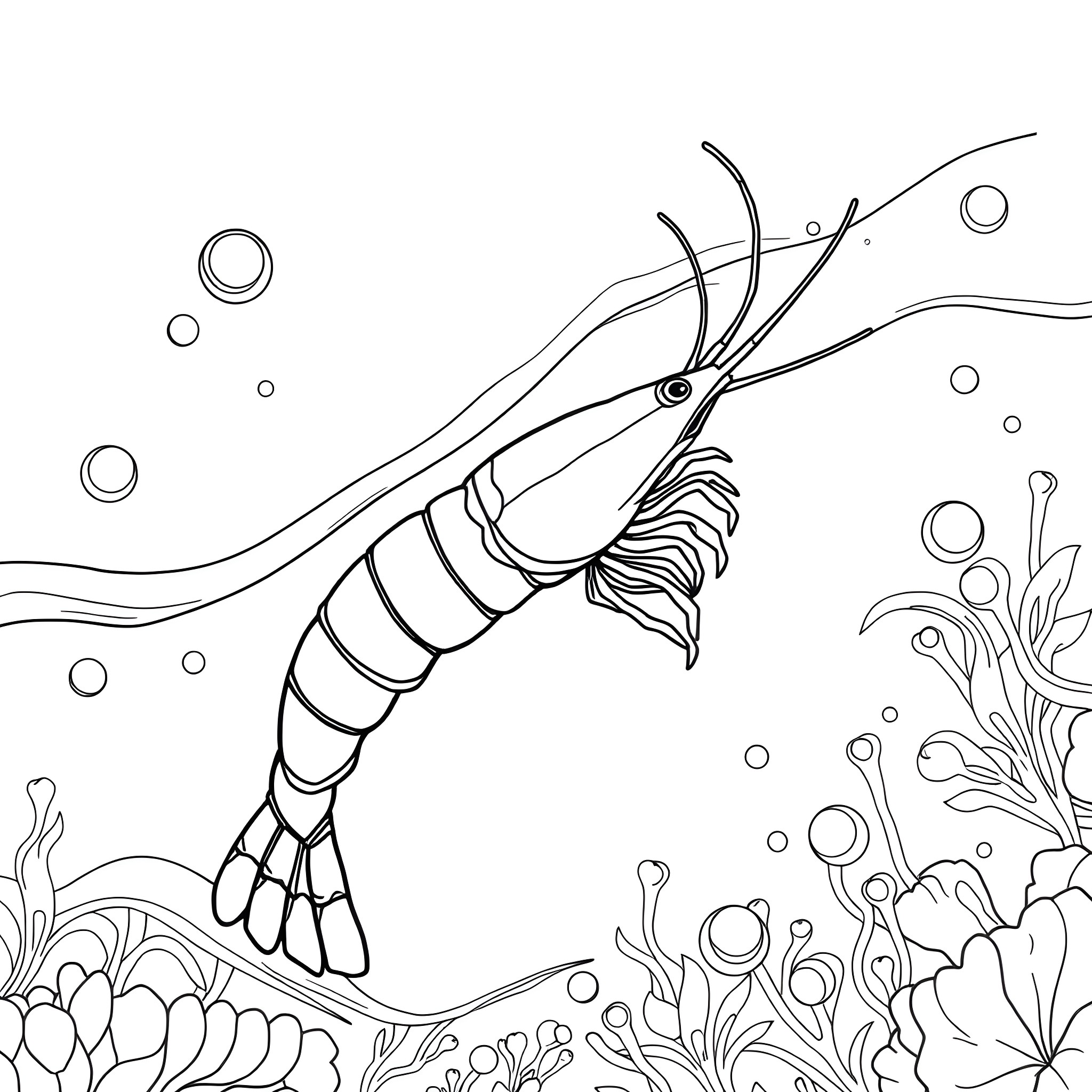 Shrimp swimming gracefully in the underwater world Coloring Page (free black-and-white line drawing printable PDF for all, from beginners to advanced learners, including children, teens, adults, and seniors)