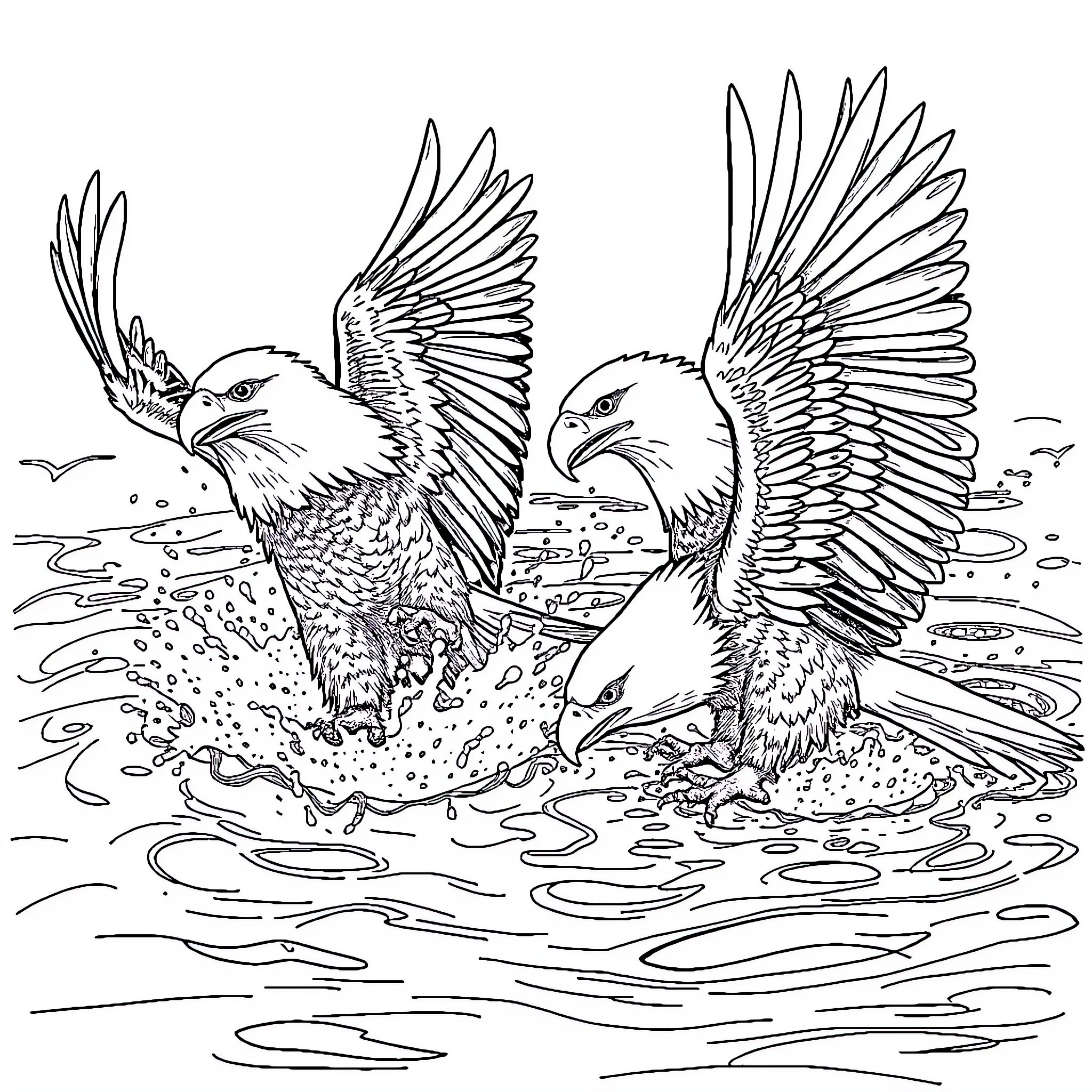 Eagle friends soaring gracefully through the water Coloring Page (free black-and-white line drawing printable PDF for all, from beginners to advanced learners, including children, teens, adults, and seniors)