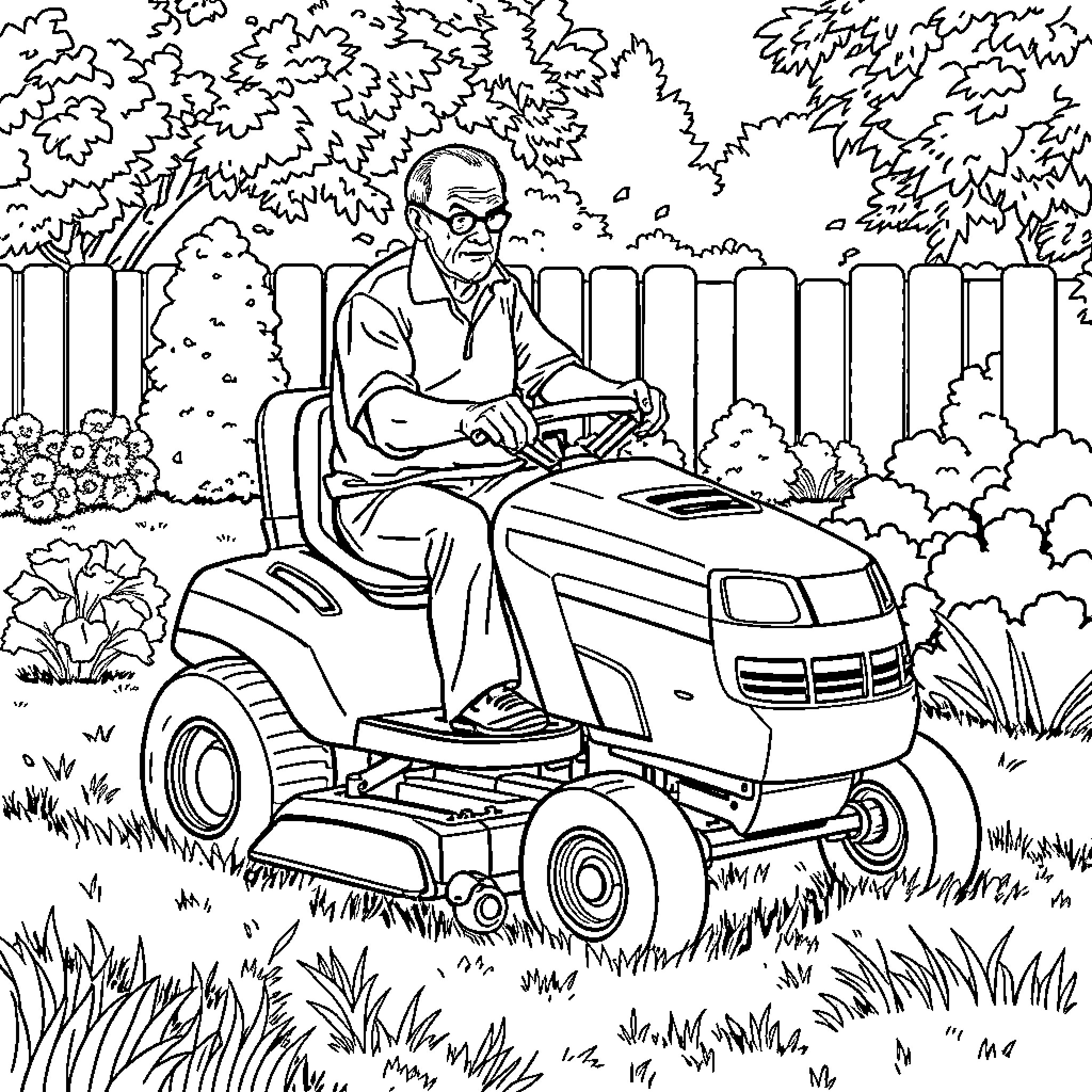 Man riding a lawn mower through the backyard Coloring Page (free black-and-white line drawing printable PDF for all, from beginners to advanced learners, including children, teens, adults, and seniors)