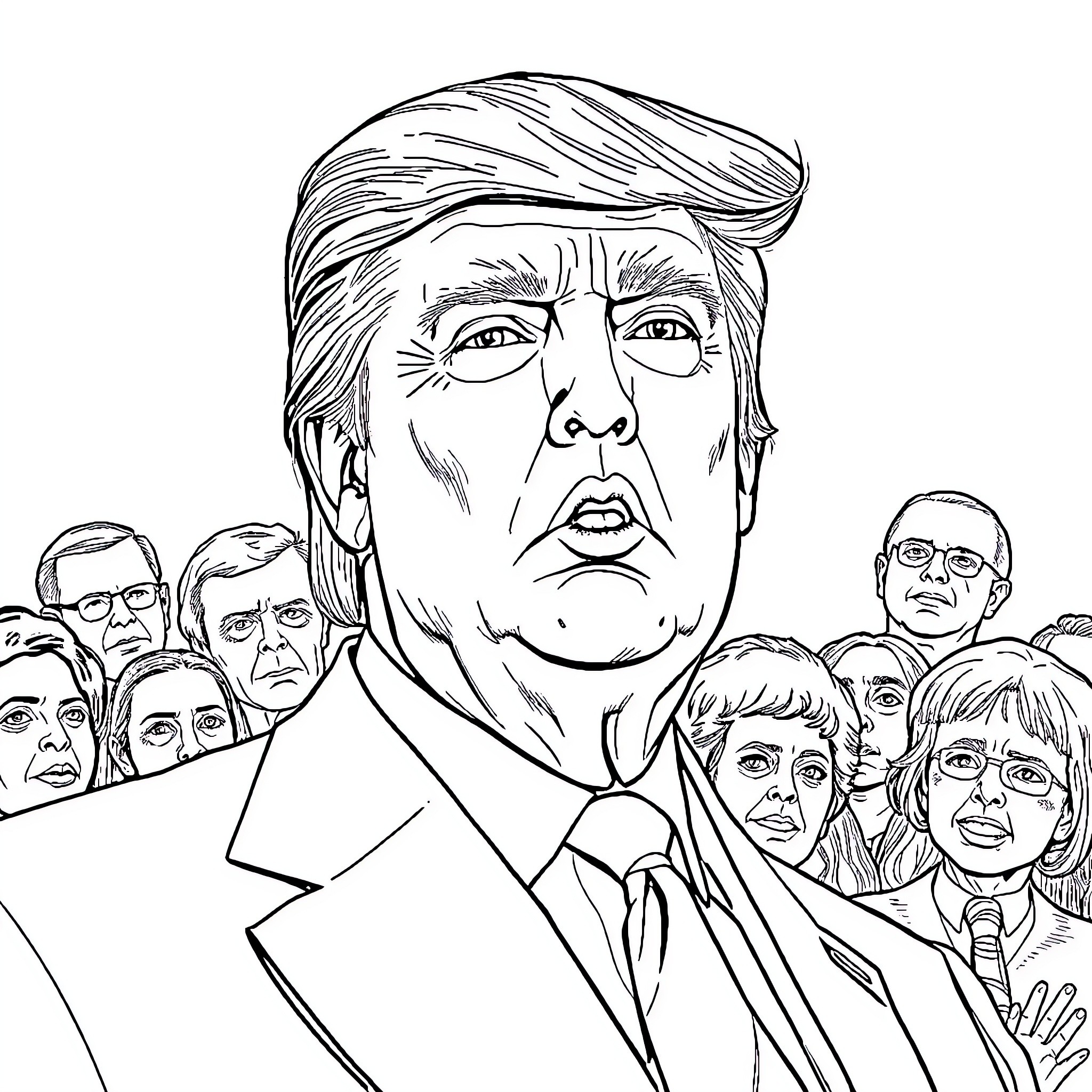 Trump's Presence Amid Political Crowd Coloring Page (free black-and-white line drawing printable PDF for all, from beginners to advanced learners, including children, teens, adults, and seniors)