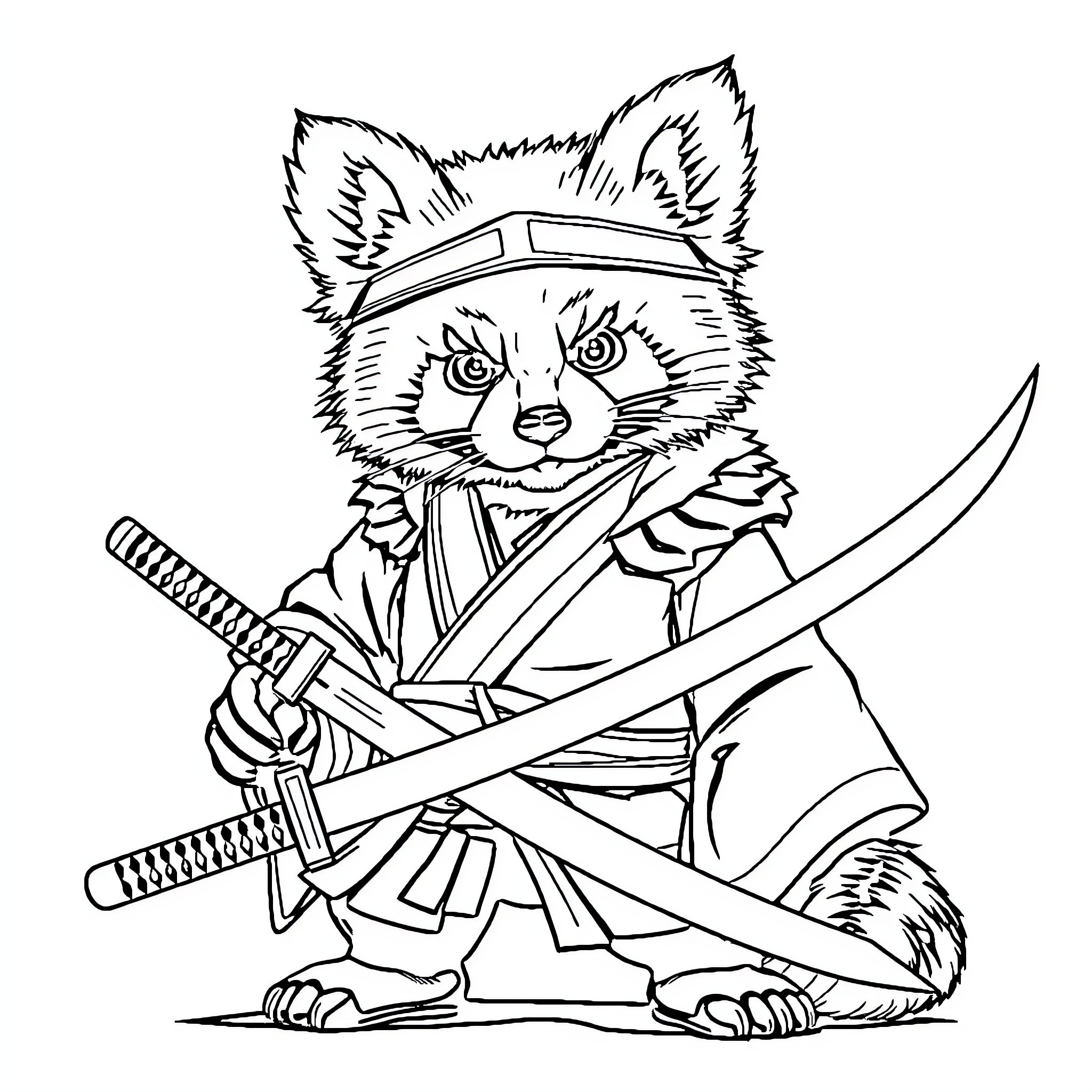 Samurai Raccoon Warrior with Swords and Armor Coloring Page (free black-and-white line drawing printable PDF for all, from beginners to advanced learners, including children, teens, adults, and seniors)