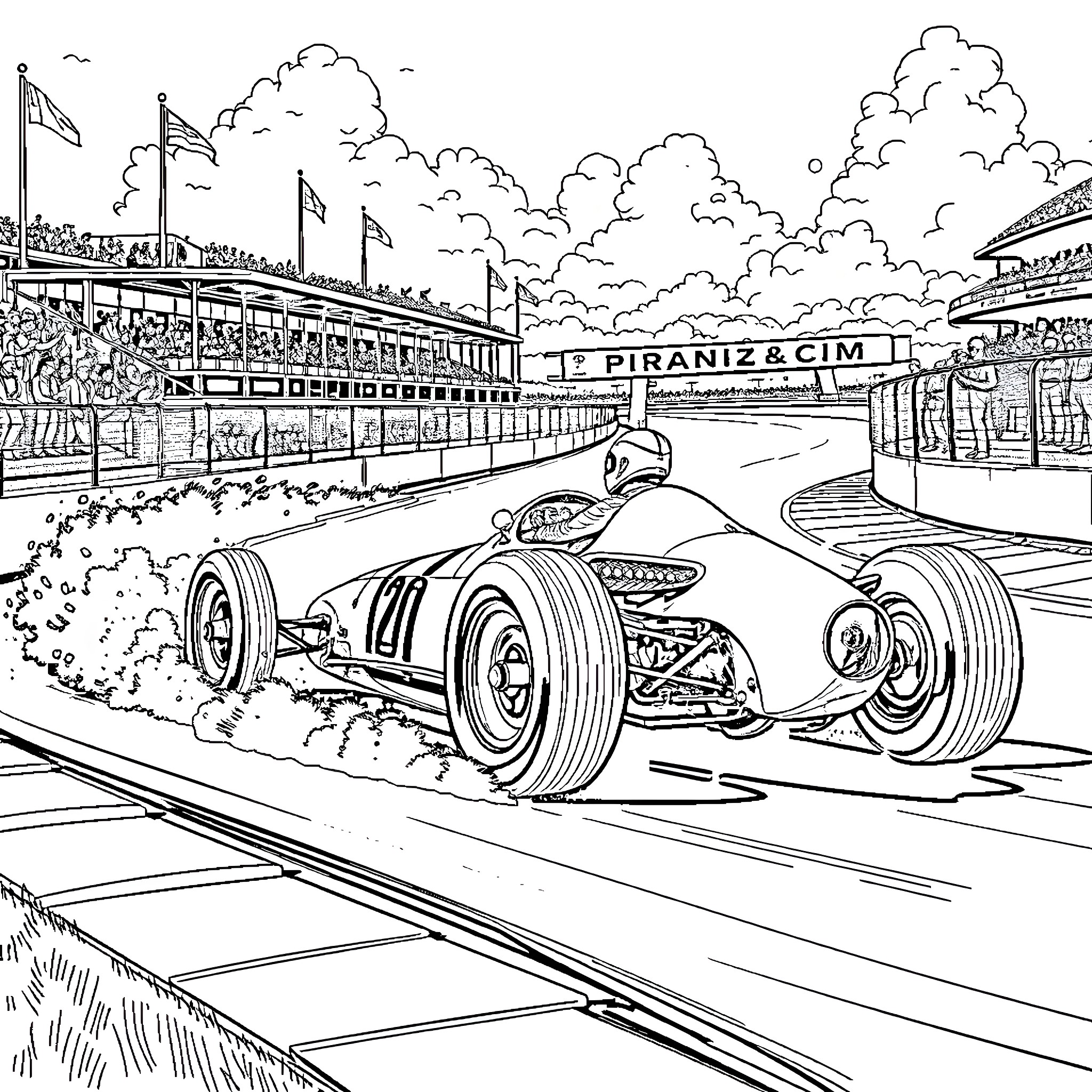 Formula One racing cars in action on the track Coloring Page (free black-and-white line drawing printable PDF for all, from beginners to advanced learners, including children, teens, adults, and seniors)