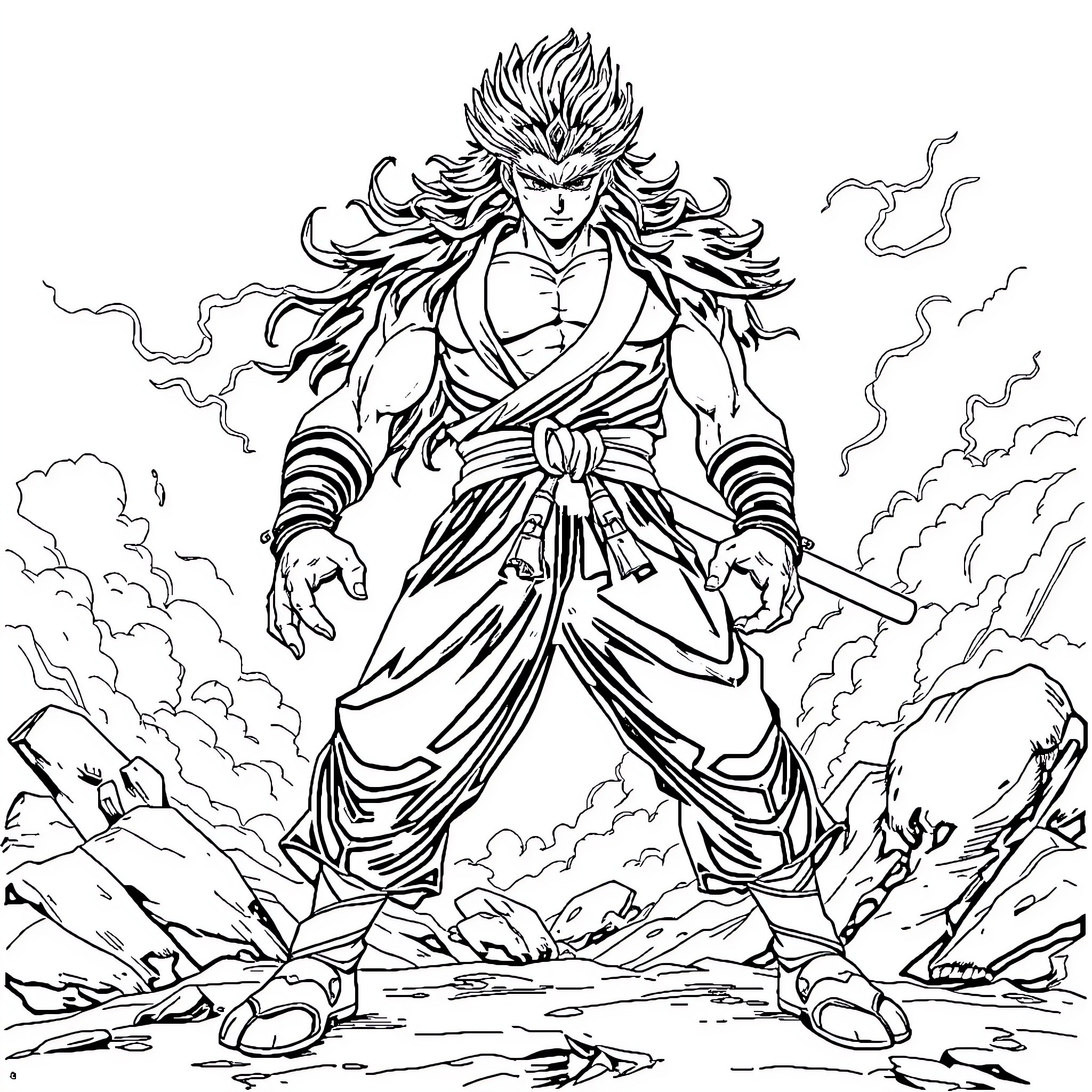 Kyoguro - Warrior's Fierce Awakening Coloring Page (free black-and-white line drawing printable PDF for all, from beginners to advanced learners, including children, teens, adults, and seniors)