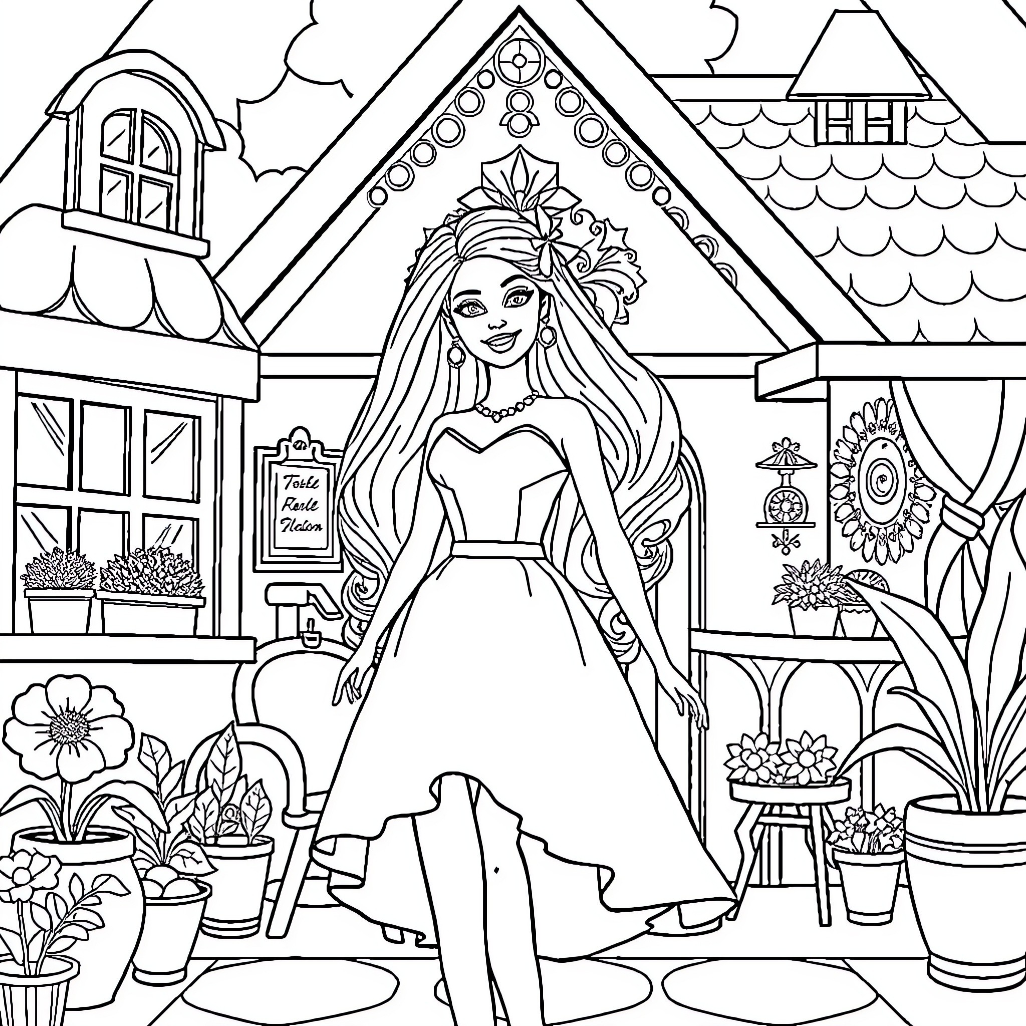 Barbie posing gracefully in a charming cottage scene Coloring Page (free black-and-white line drawing printable PDF for all, from beginners to advanced learners, including children, teens, adults, and seniors)