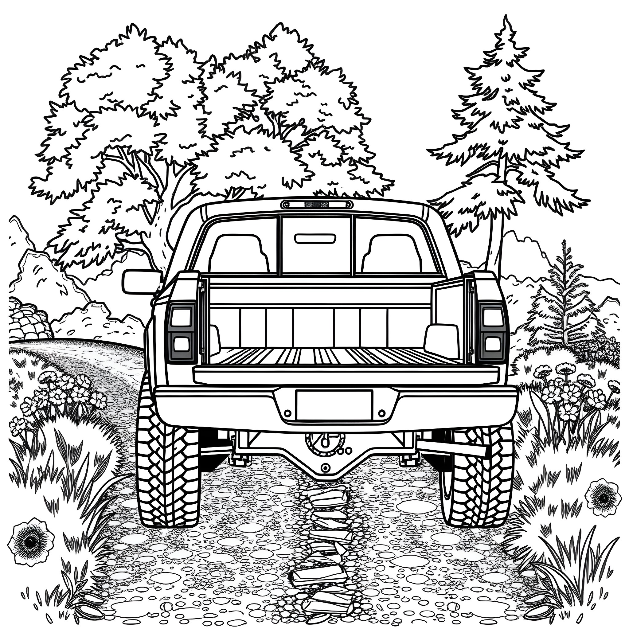 Pick Up Truck Off-Roading in the Forest Coloring Page (free black-and-white line drawing printable PDF for all, from beginners to advanced learners, including children, teens, adults, and seniors)