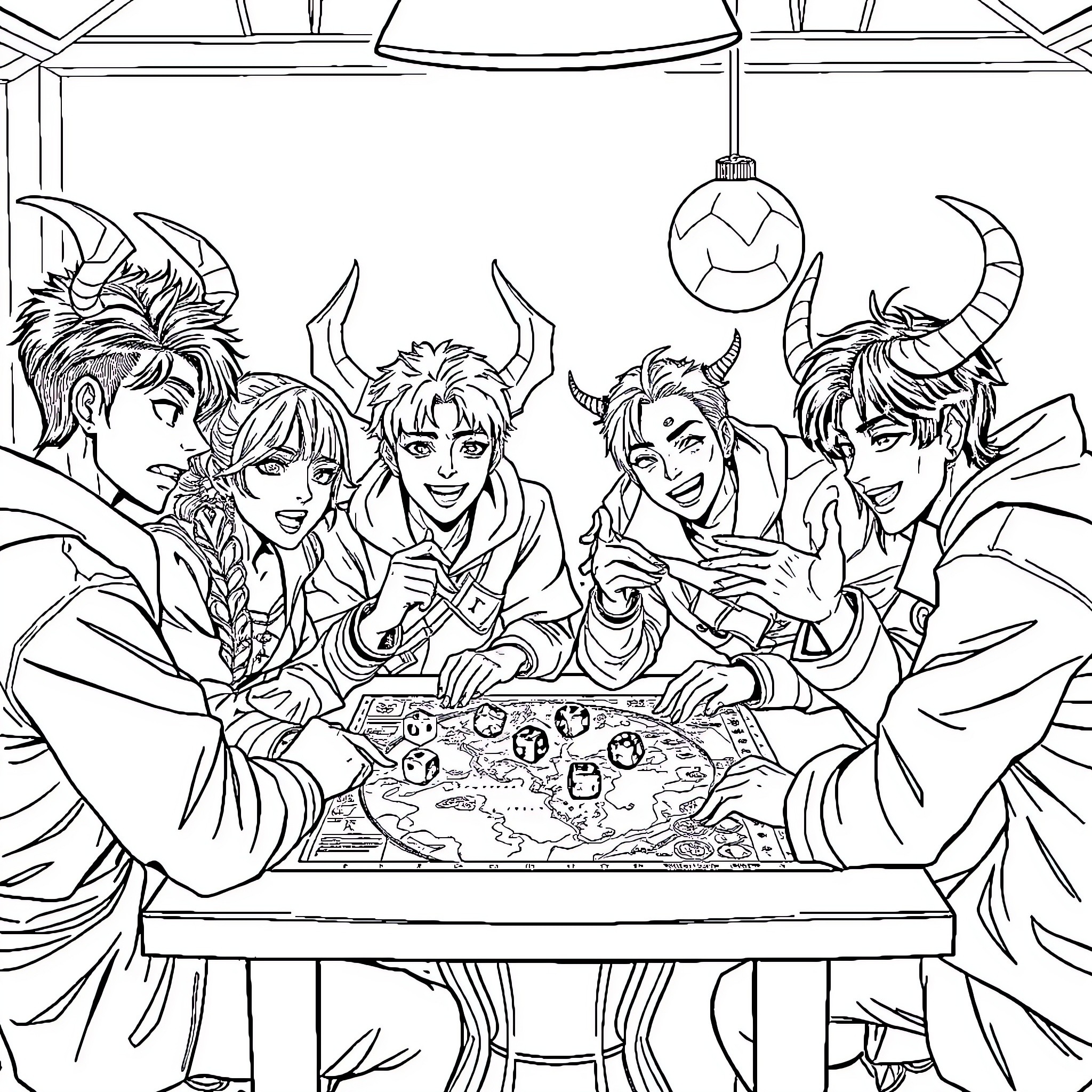 Demon Hunters Strategize over a Map Coloring Page (free black-and-white line drawing printable PDF for all, from beginners to advanced learners, including children, teens, adults, and seniors)