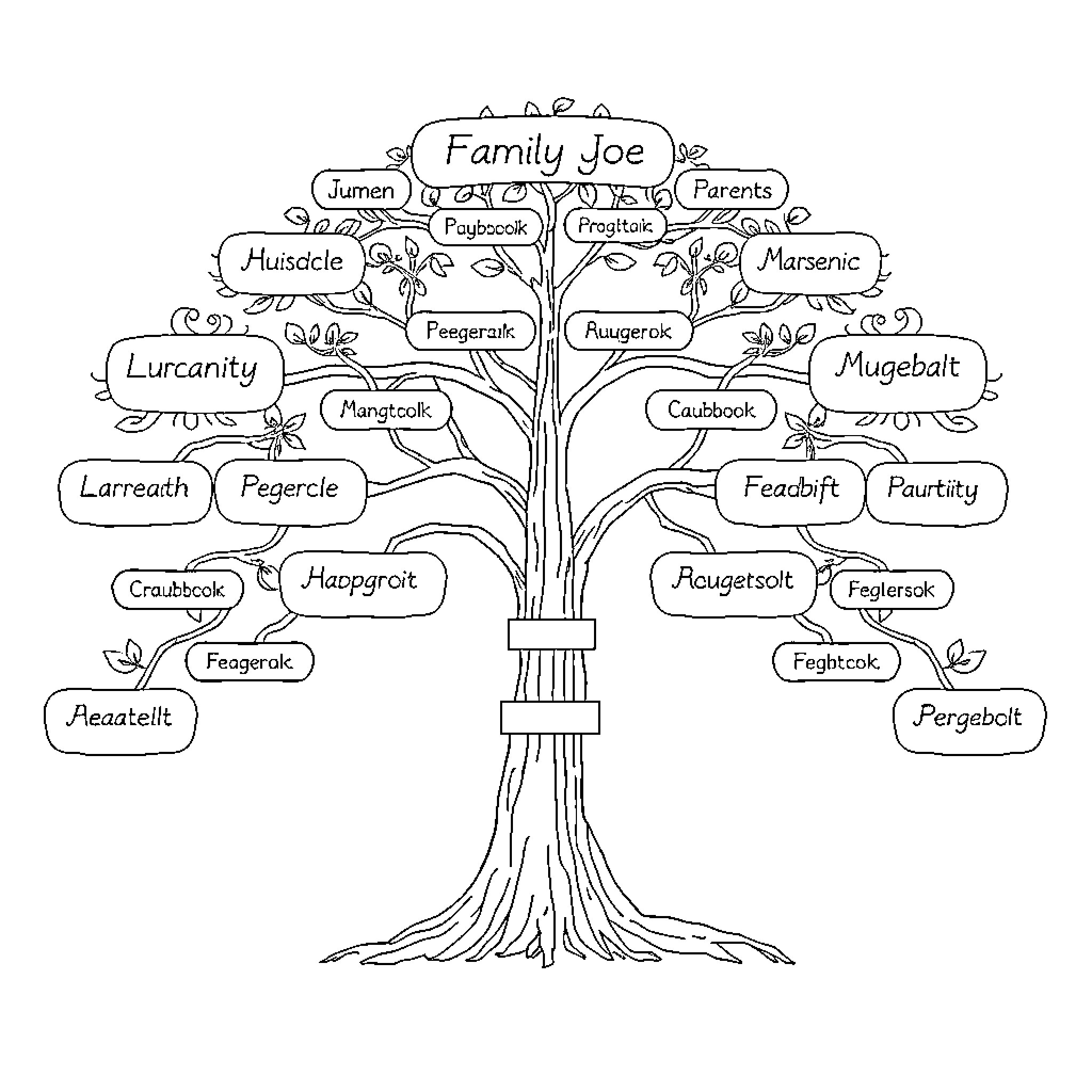 Tree of family relationships and terms Coloring Page (free black-and-white line drawing printable PDF for all, from beginners to advanced learners, including children, teens, adults, and seniors)