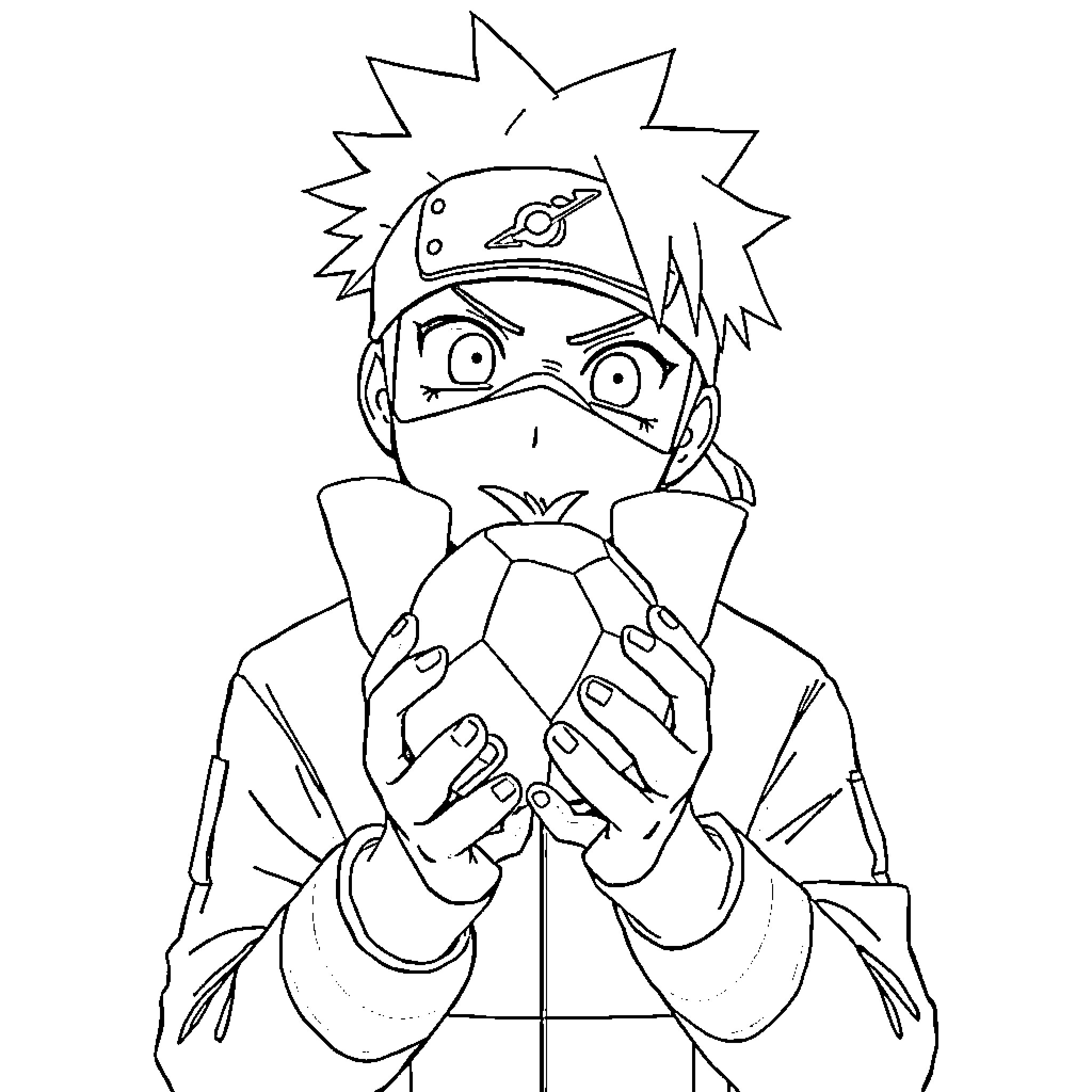 Kakashi Performing Ninja Technique in Anime-Style Drawing Coloring Page (free black-and-white line drawing printable PDF for all, from beginners to advanced learners, including children, teens, adults, and seniors)