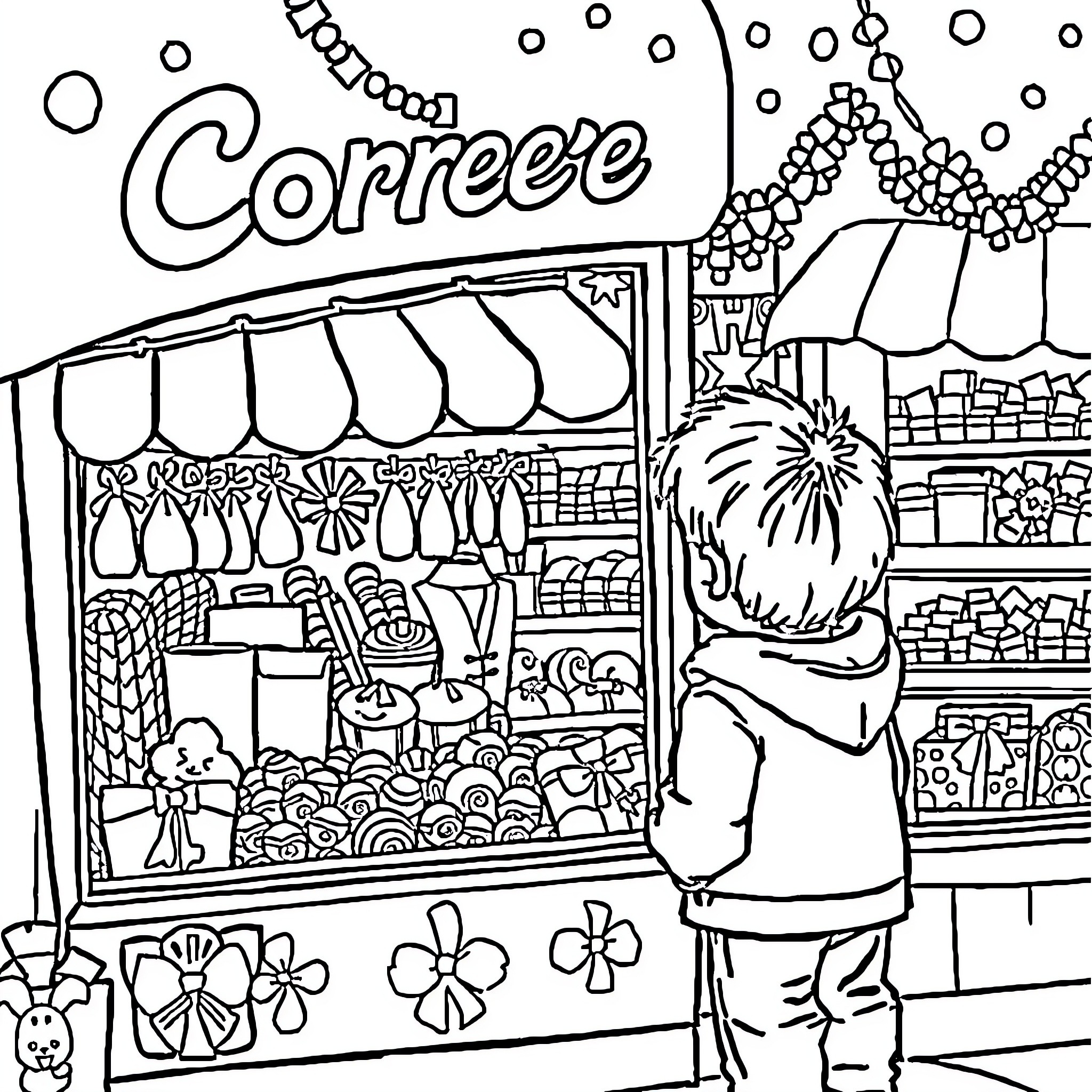 Child looking at the colorful coffee shop Coloring Page (free black-and-white line drawing printable PDF for all, from beginners to advanced learners, including children, teens, adults, and seniors)