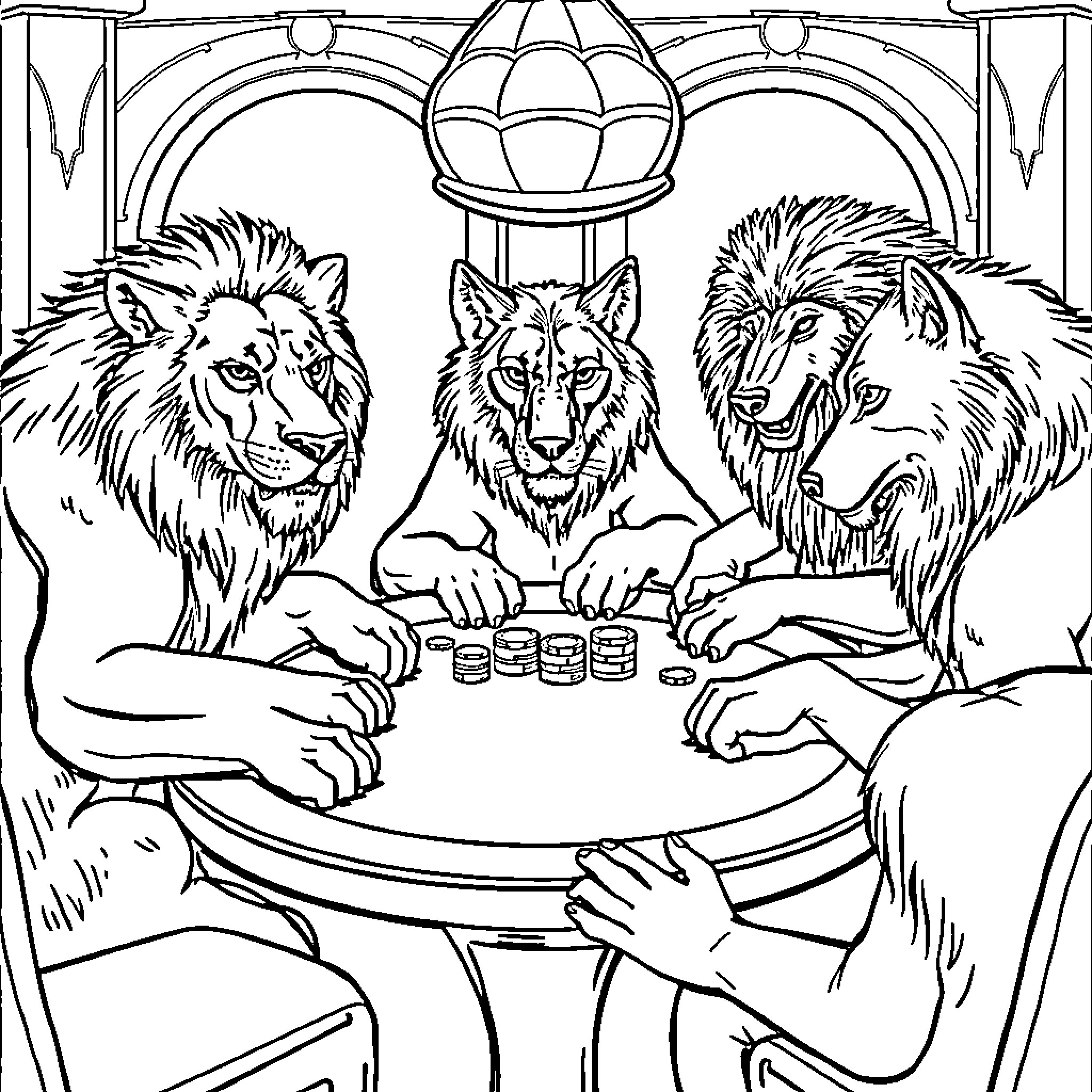 Carnivores playing poker in an opulent setting Coloring Page (free black-and-white line drawing printable PDF for all, from beginners to advanced learners, including children, teens, adults, and seniors)