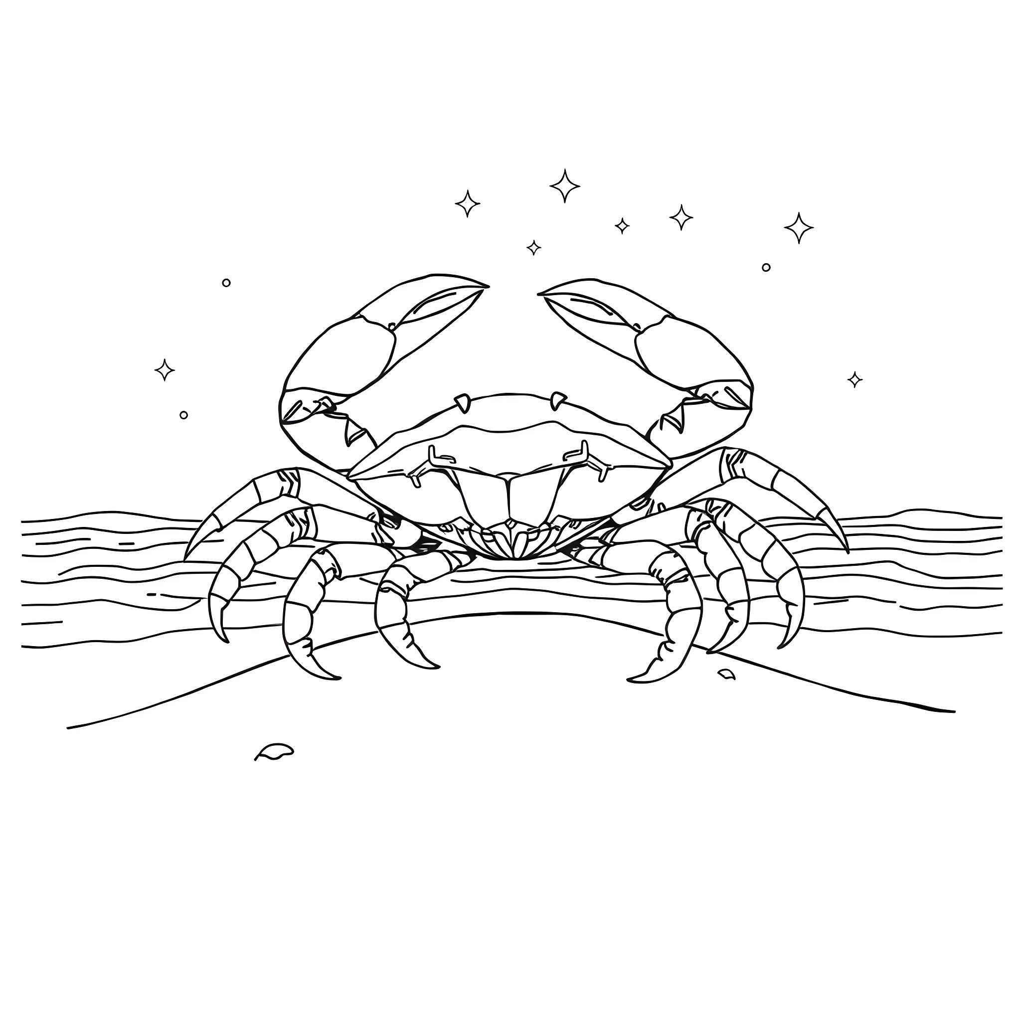 Cancer Crab by the Glittering Sea Coloring Page (free black-and-white line drawing printable PDF for all, from beginners to advanced learners, including children, teens, adults, and seniors)