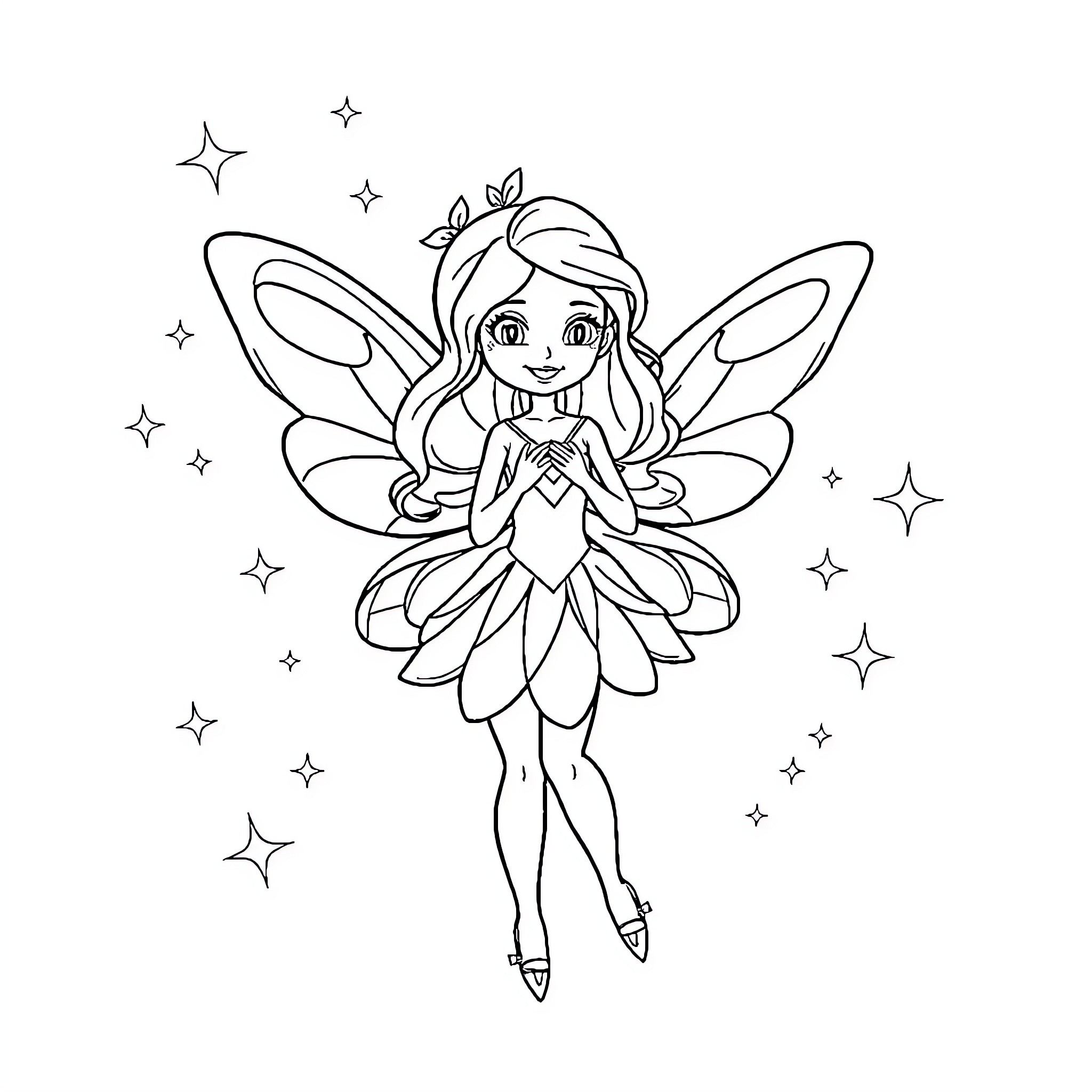 Fairy dancing among the stars Coloring Page (free black-and-white line drawing printable PDF for all, from beginners to advanced learners, including children, teens, adults, and seniors)