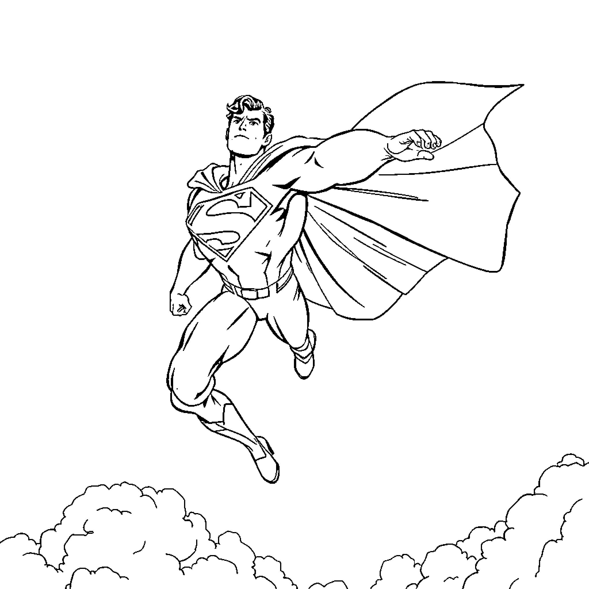 Superman soaring through the clouds Coloring Page (free black-and-white line drawing printable PDF for all, from beginners to advanced learners, including children, teens, adults, and seniors)