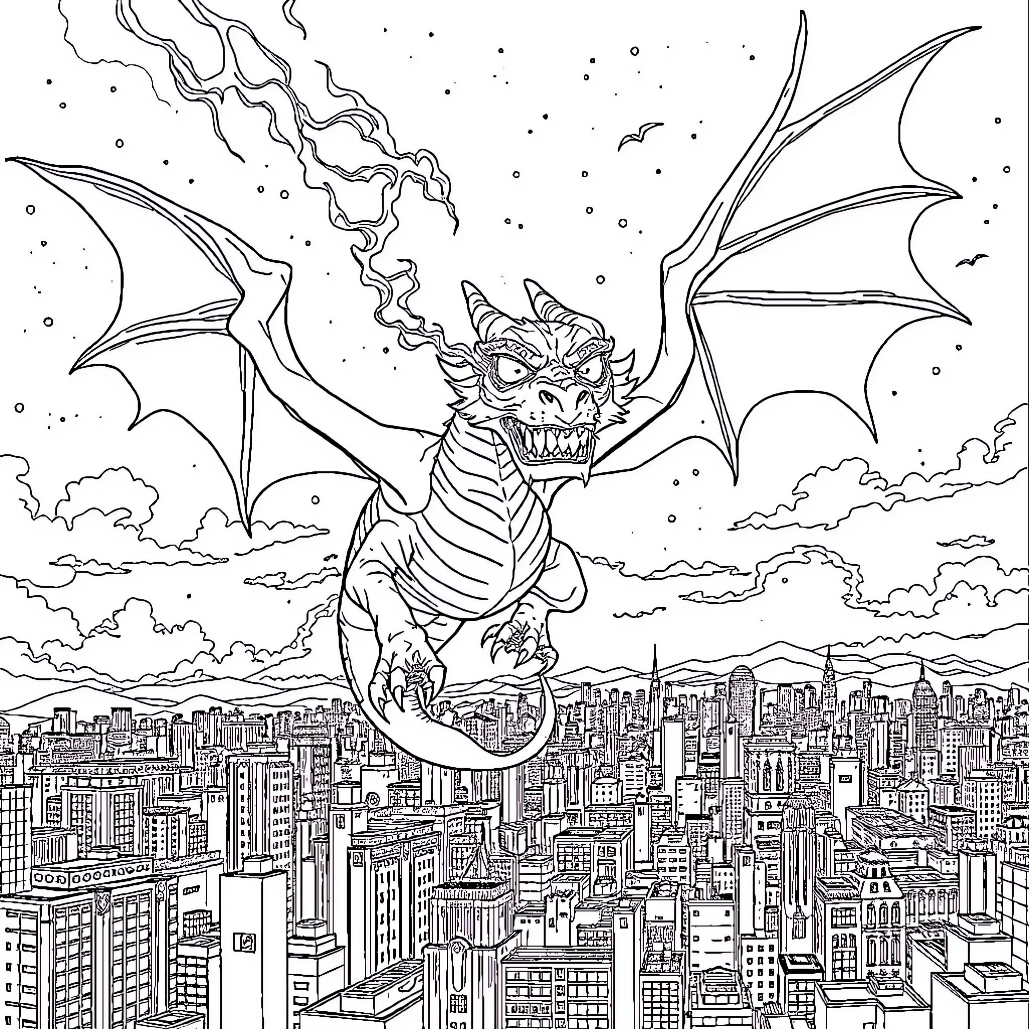 Dragon soaring over a bustling city skyline Coloring Page (free black-and-white line drawing printable PDF for all, from beginners to advanced learners, including children, teens, adults, and seniors)