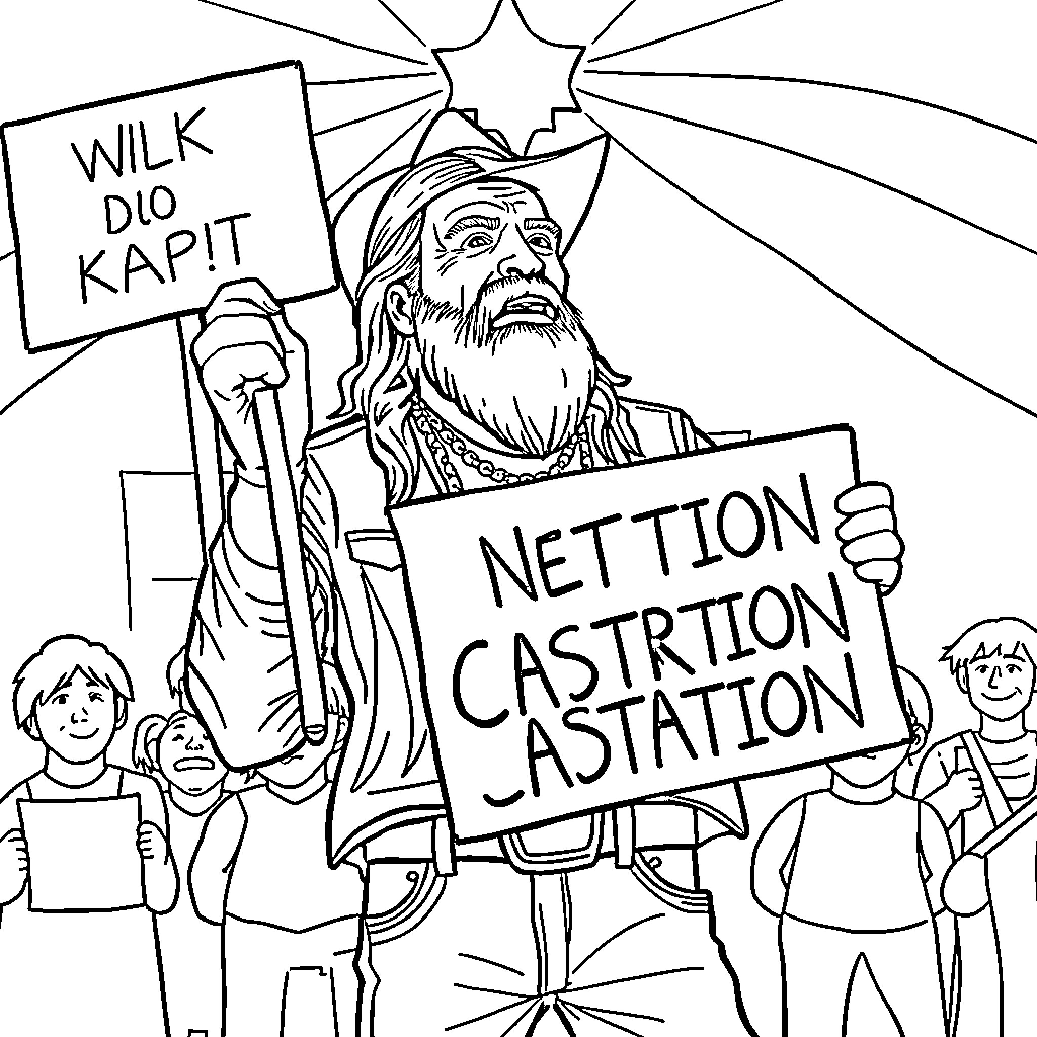 Willy Nelson protesting against net castration castration Coloring Page (free black-and-white line drawing printable PDF for all, from beginners to advanced learners, including children, teens, adults, and seniors)