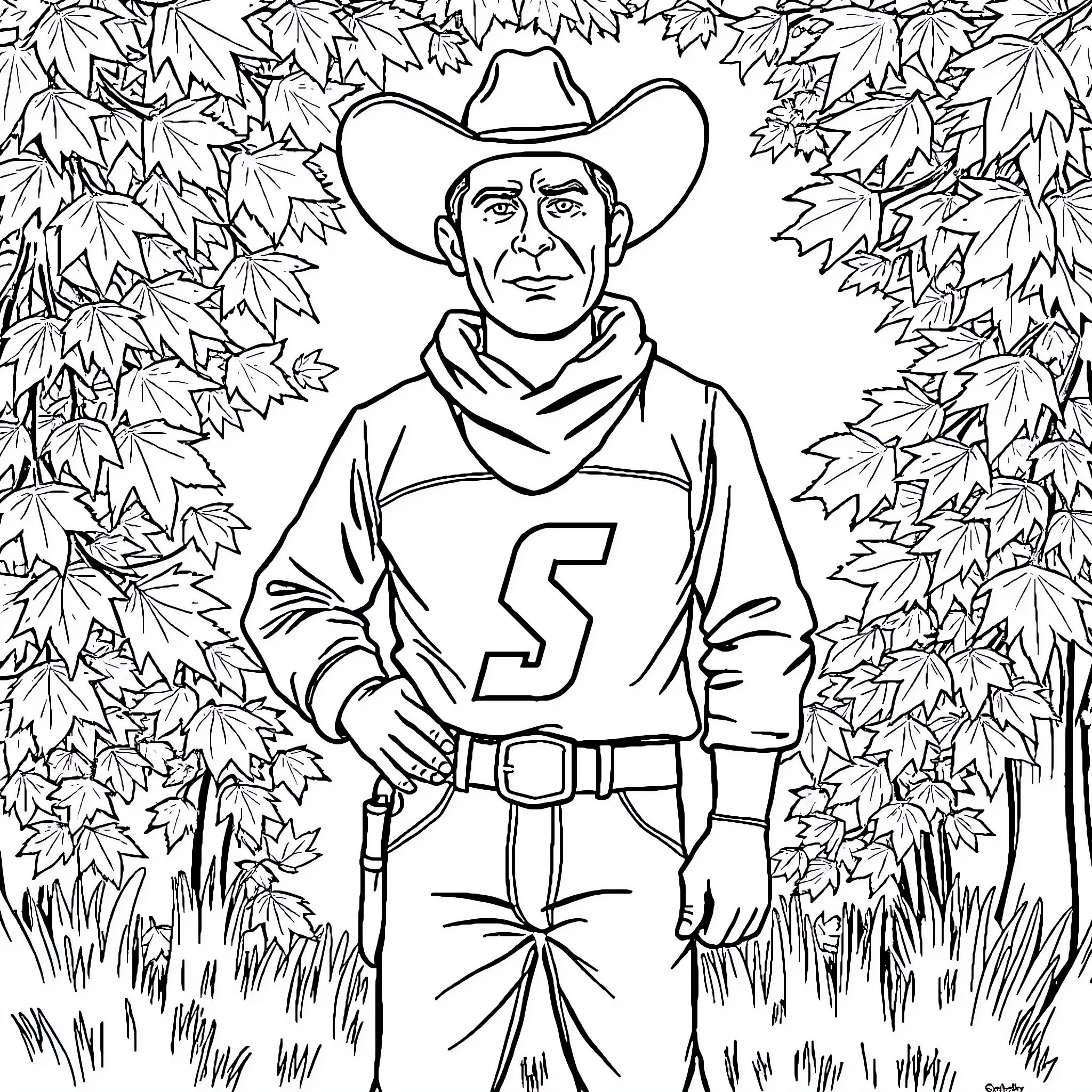 Cowboy standing strong amidst the wilderness Coloring Page (free black-and-white line drawing printable PDF for all, from beginners to advanced learners, including children, teens, adults, and seniors)