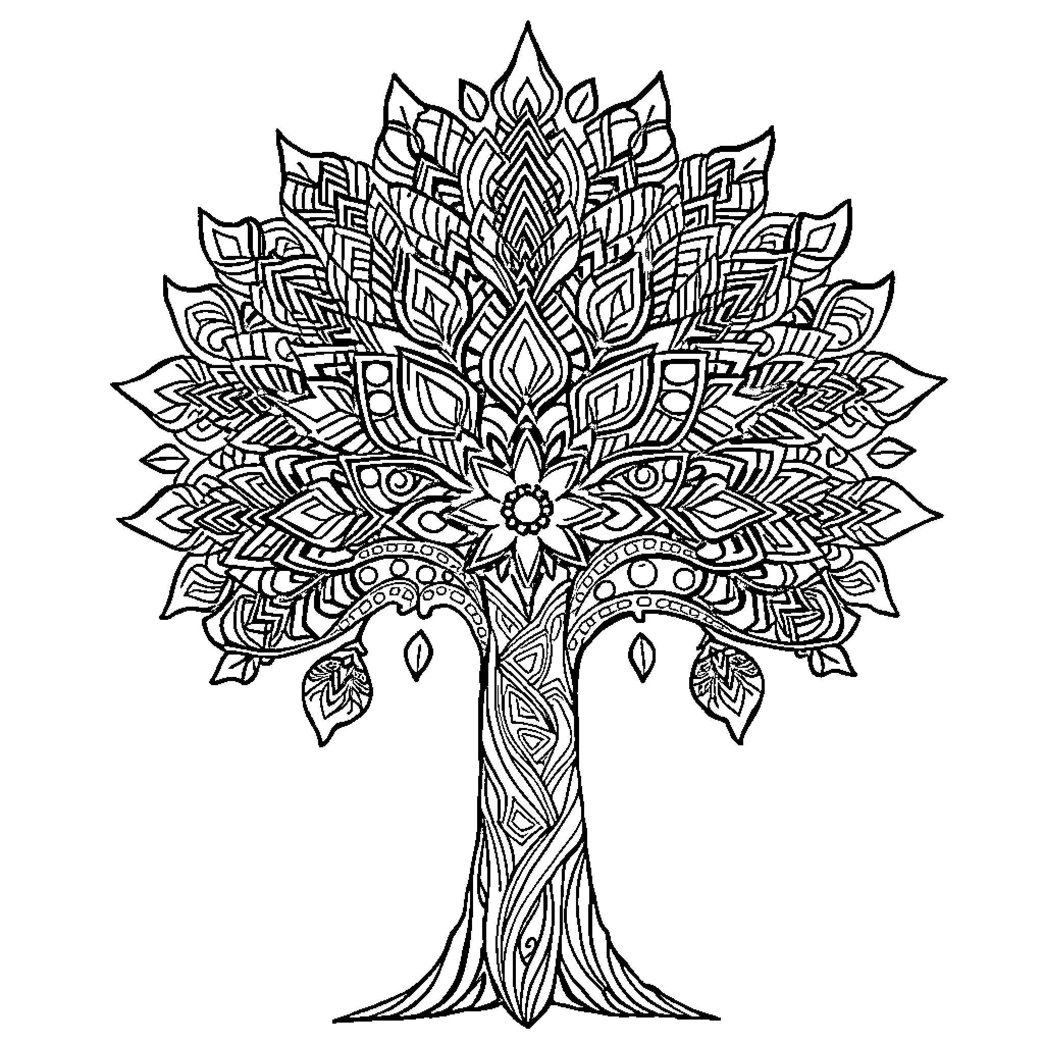 Tree of Abstract Floral Patterns Coloring Page (free black-and-white line drawing printable PDF for all, from beginners to advanced learners, including children, teens, adults, and seniors)