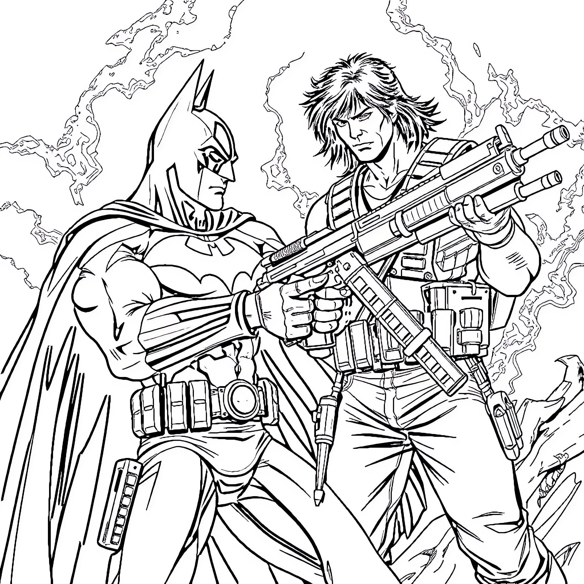 Batman Allies in Action Coloring Page (free black-and-white line drawing printable PDF for all, from beginners to advanced learners, including children, teens, adults, and seniors)