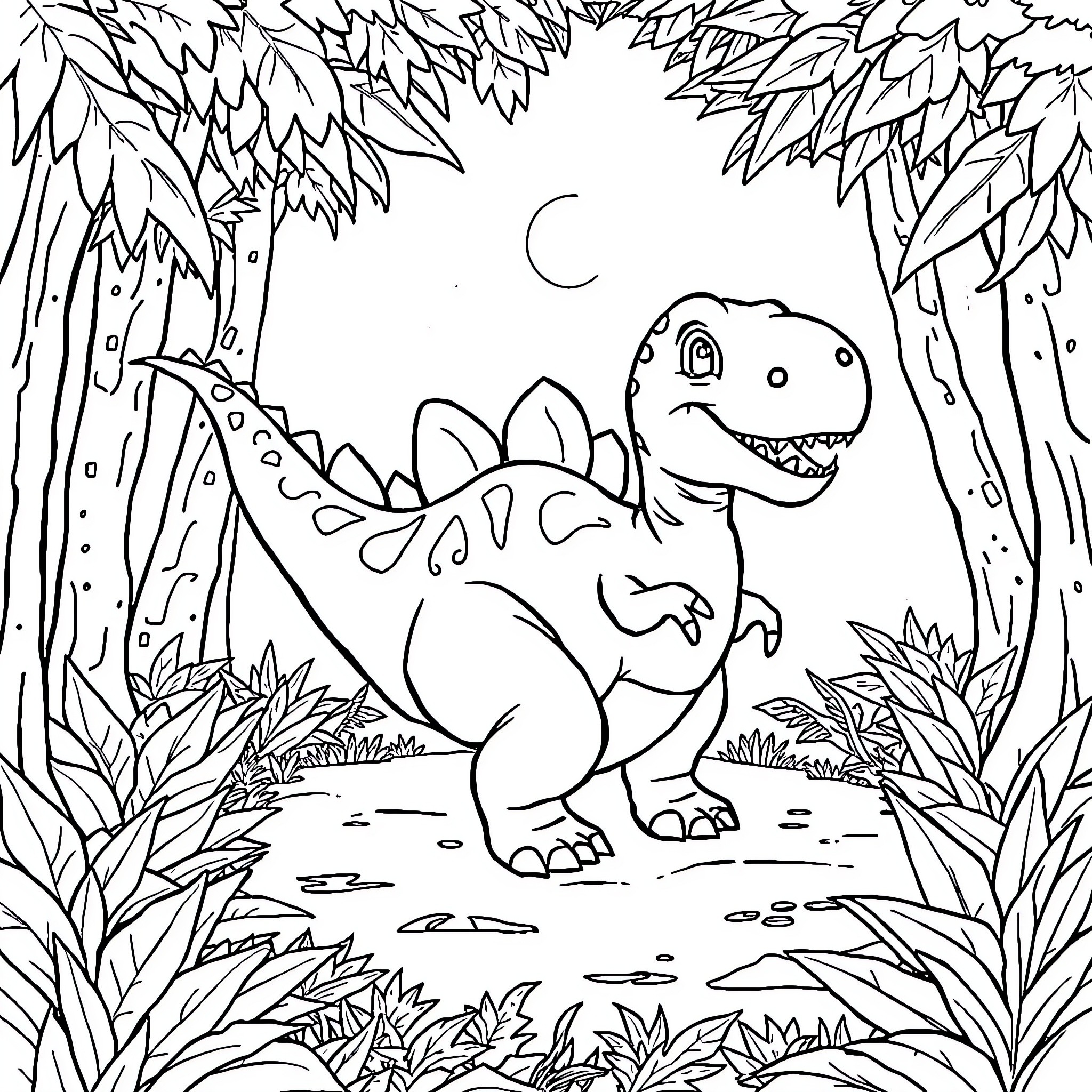 Dinosaur exploring the enchanted forest Coloring Page (free black-and-white line drawing printable PDF for all, from beginners to advanced learners, including children, teens, adults, and seniors)