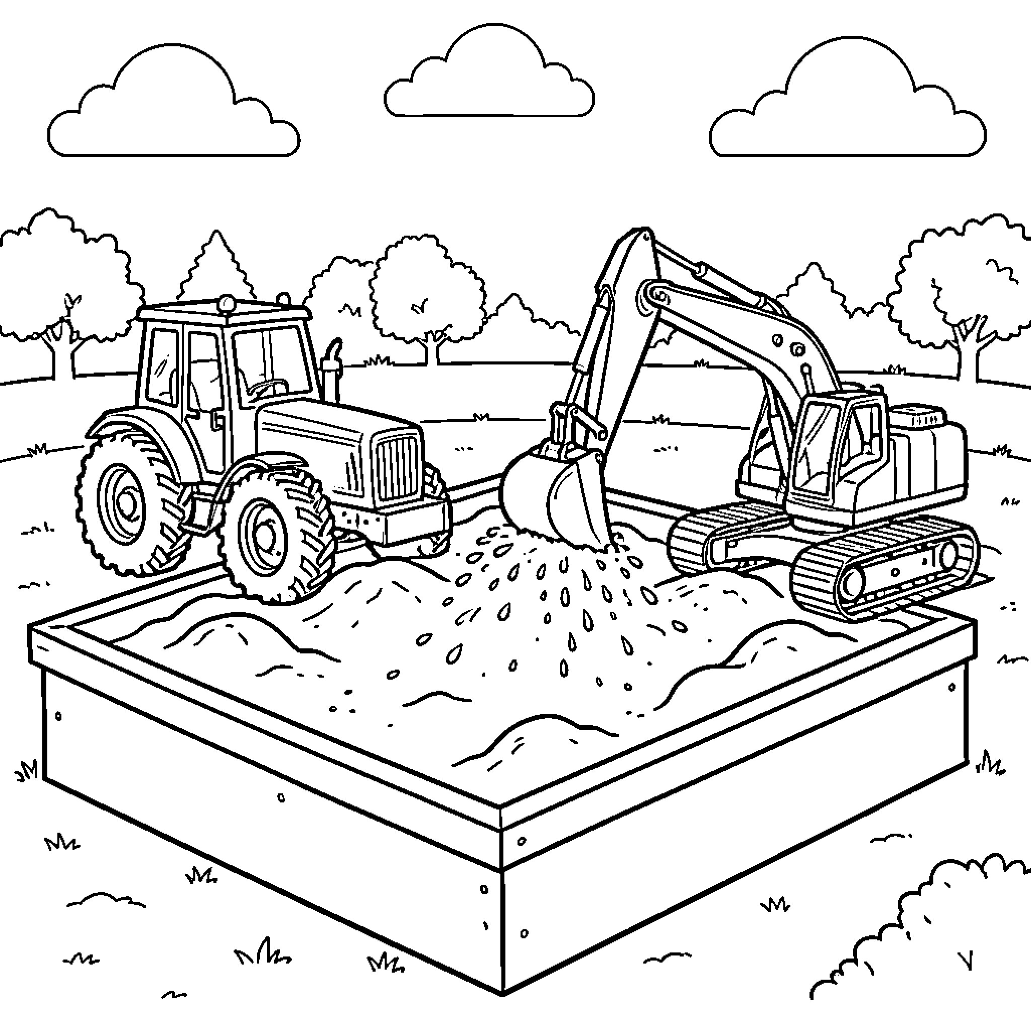Tractor and excavator working together in a sandbox Coloring Page (free black-and-white line drawing printable PDF for all, from beginners to advanced learners, including children, teens, adults, and seniors)