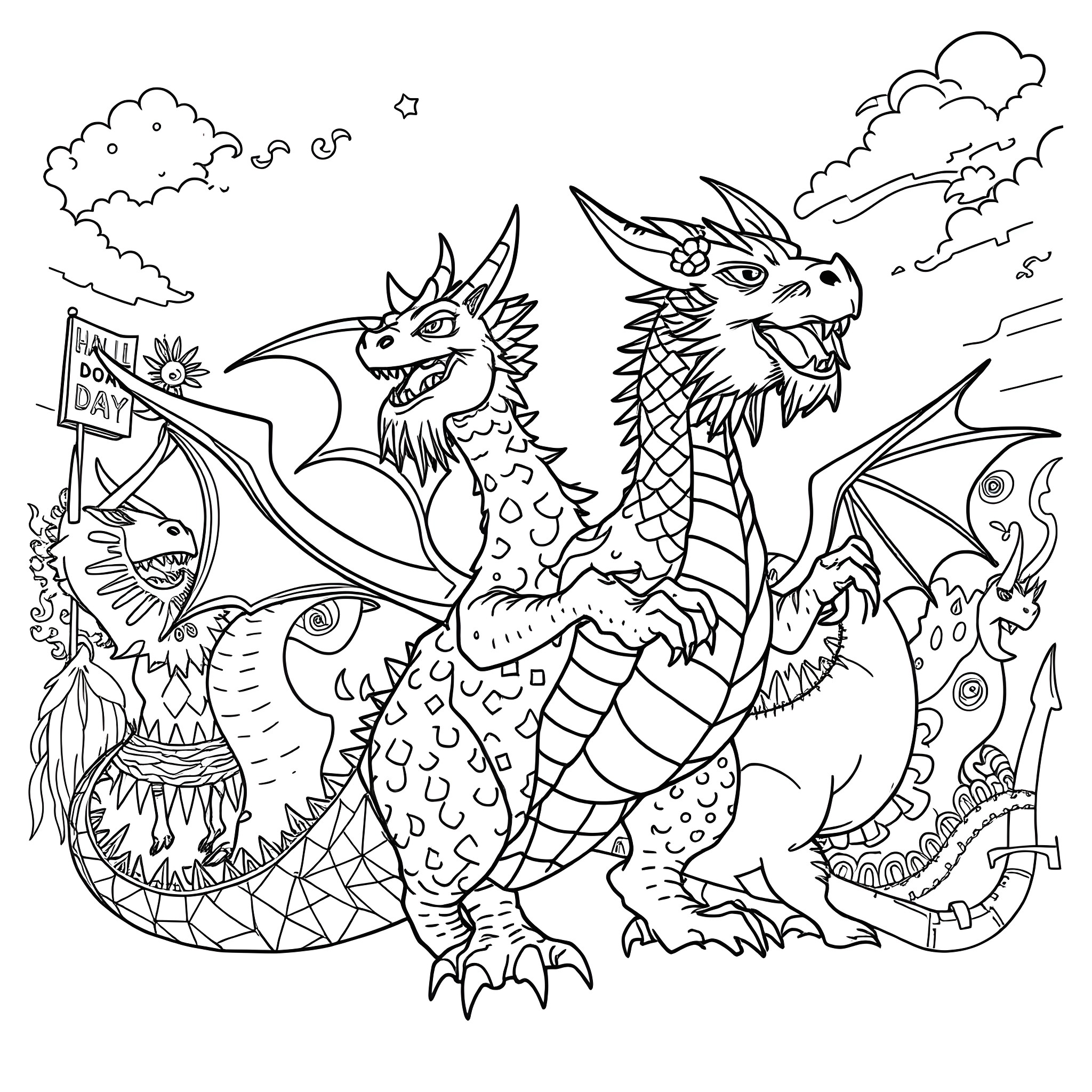 Pride Parade with Mythical Creatures in Festive Attire Coloring Page (free black-and-white line drawing printable PDF for all, from beginners to advanced learners, including children, teens, adults, and seniors)