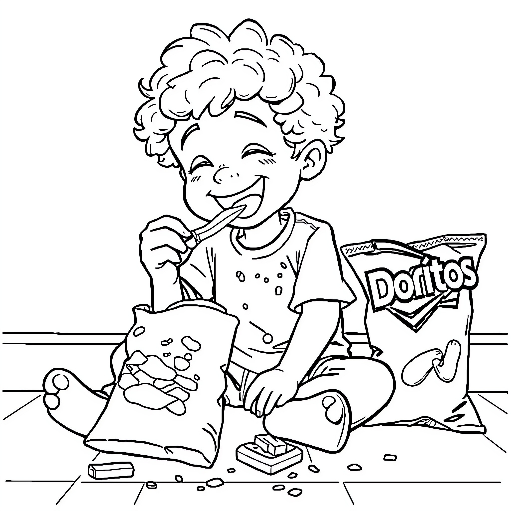 Boy enjoying a snack and playing with toys Coloring Page (free black-and-white line drawing printable PDF for all, from beginners to advanced learners, including children, teens, adults, and seniors)