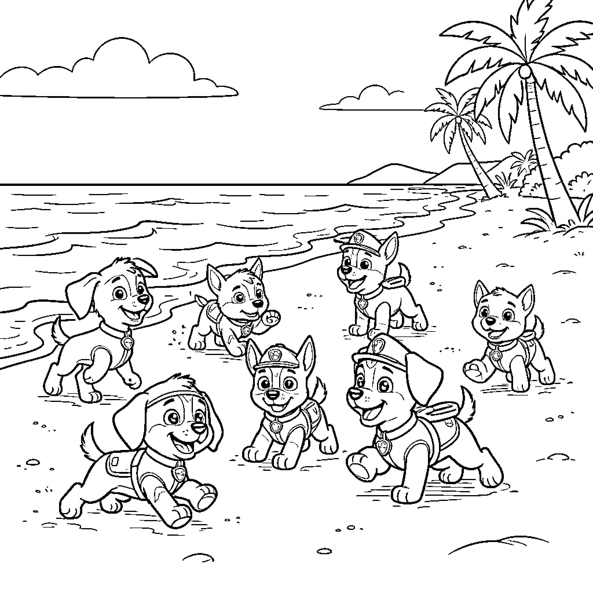 Paw Patrol pups running and playing on the beach Coloring Page (free black-and-white line drawing printable PDF for all, from beginners to advanced learners, including children, teens, adults, and seniors)